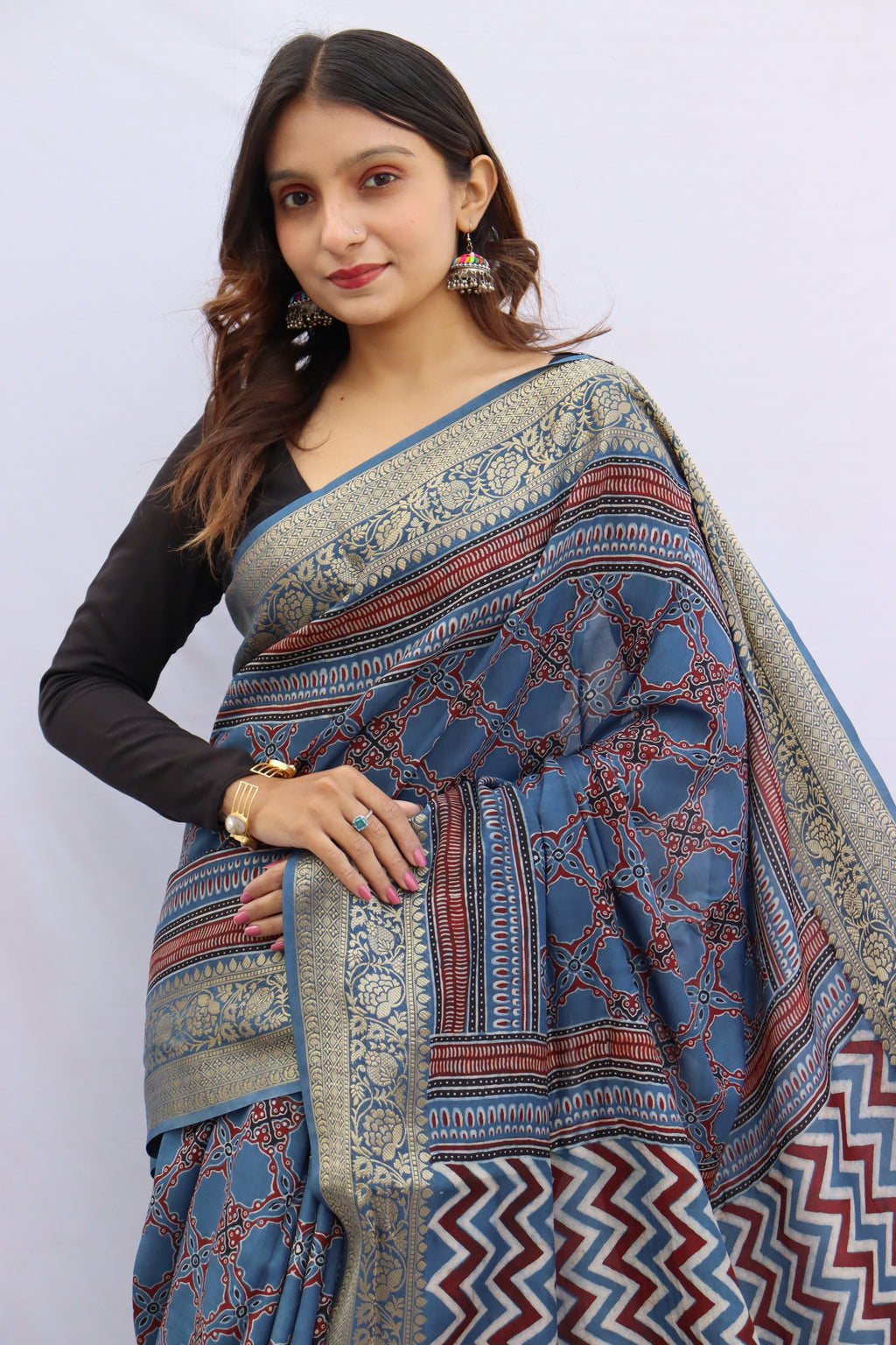 Ajrakh Rich Dola Silk Saree