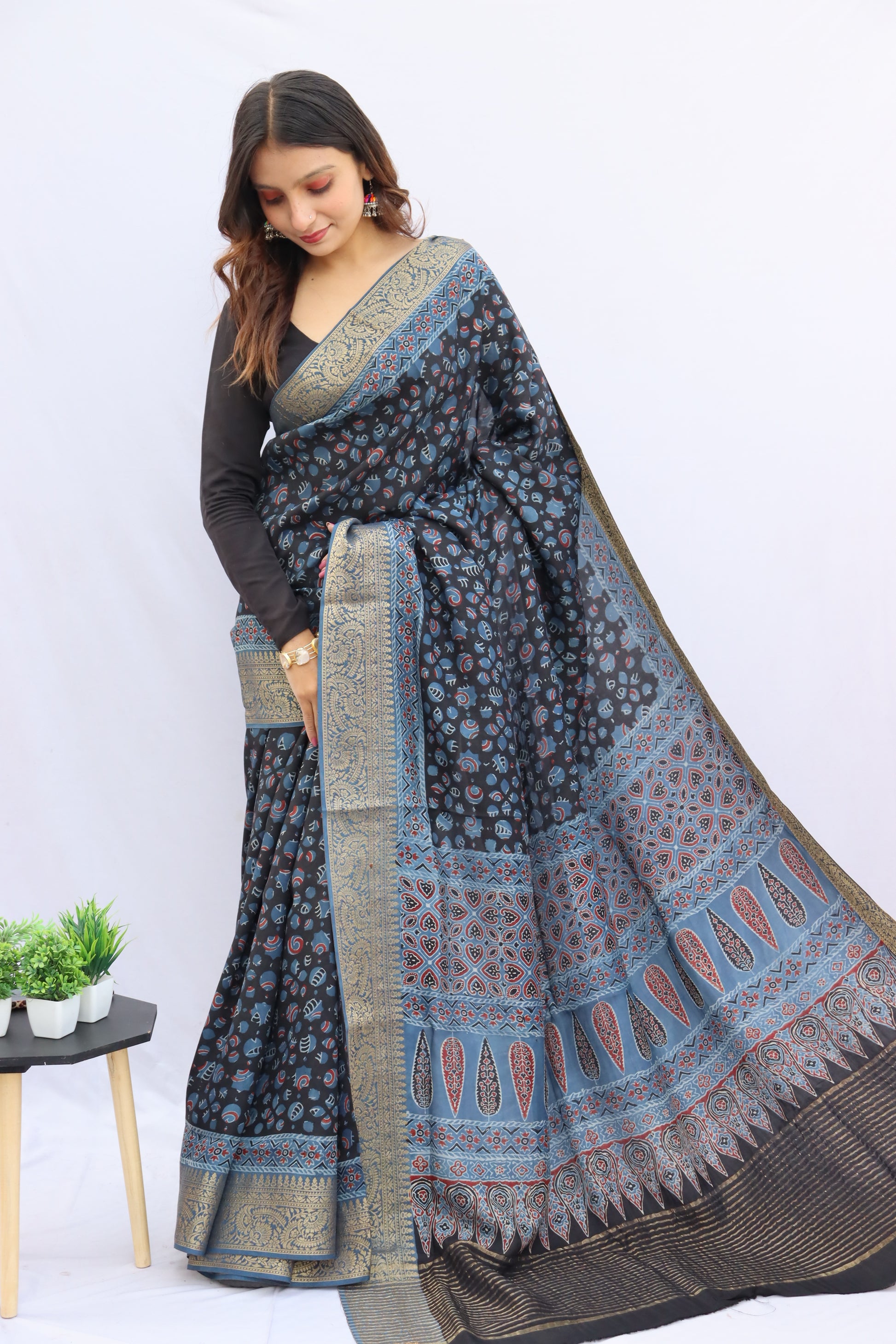 Ajrakh Dola Silk Saree