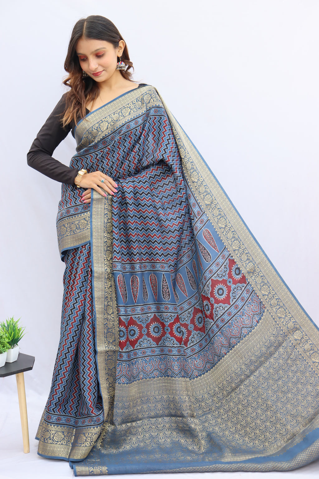 Ajrakh Rich Dola Silk Saree