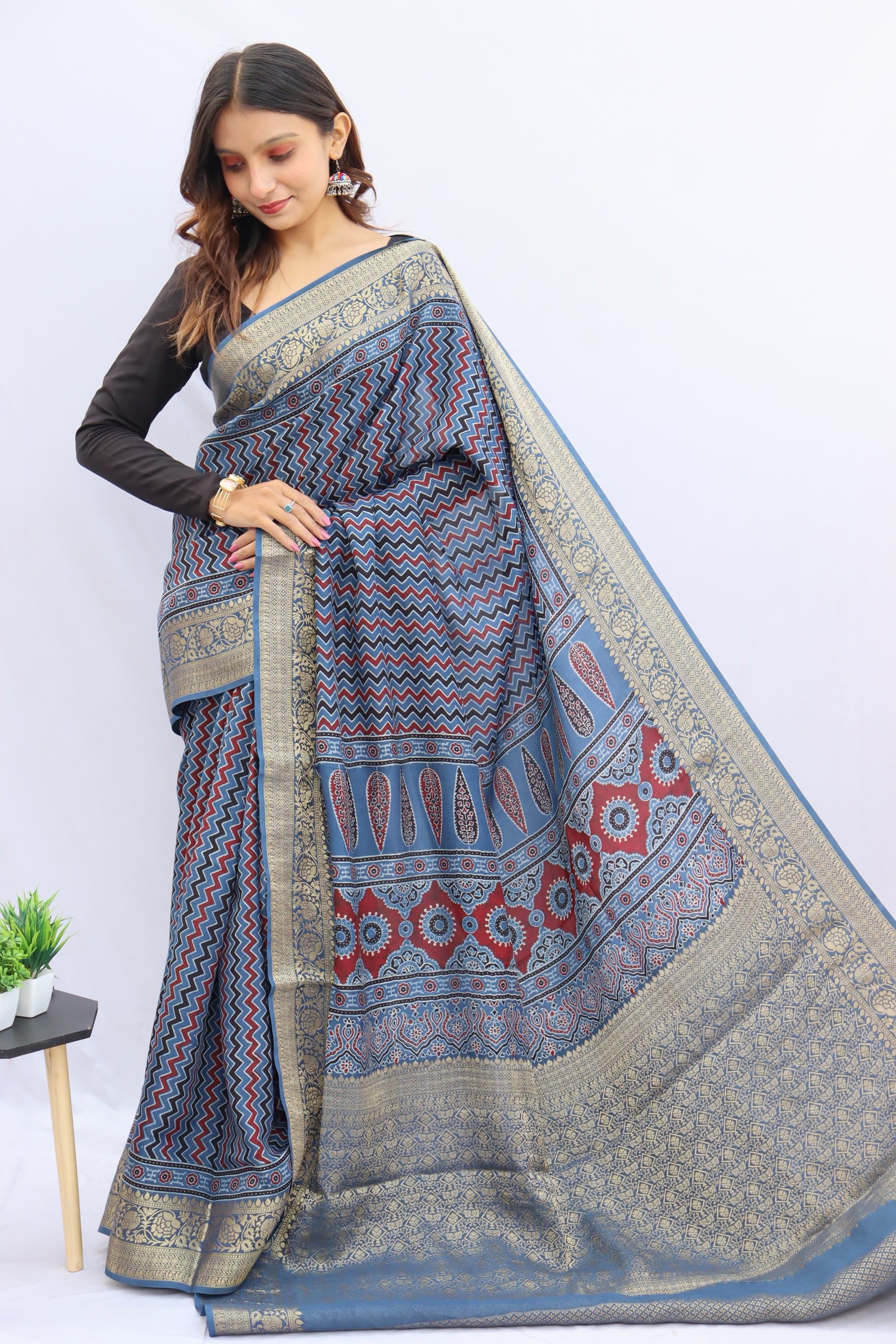Ajrakh Rich Dola Silk Saree