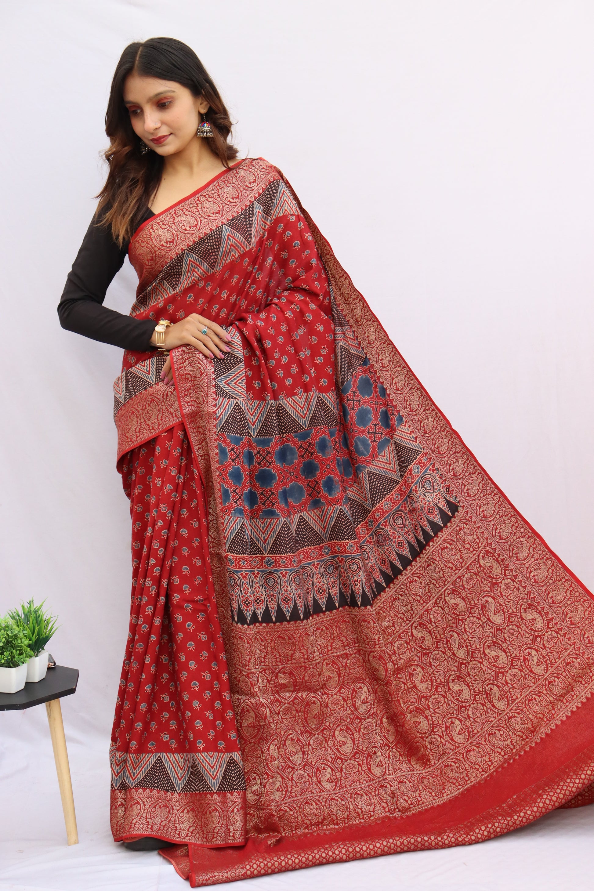 Ajrakh Rich Dola Silk Saree