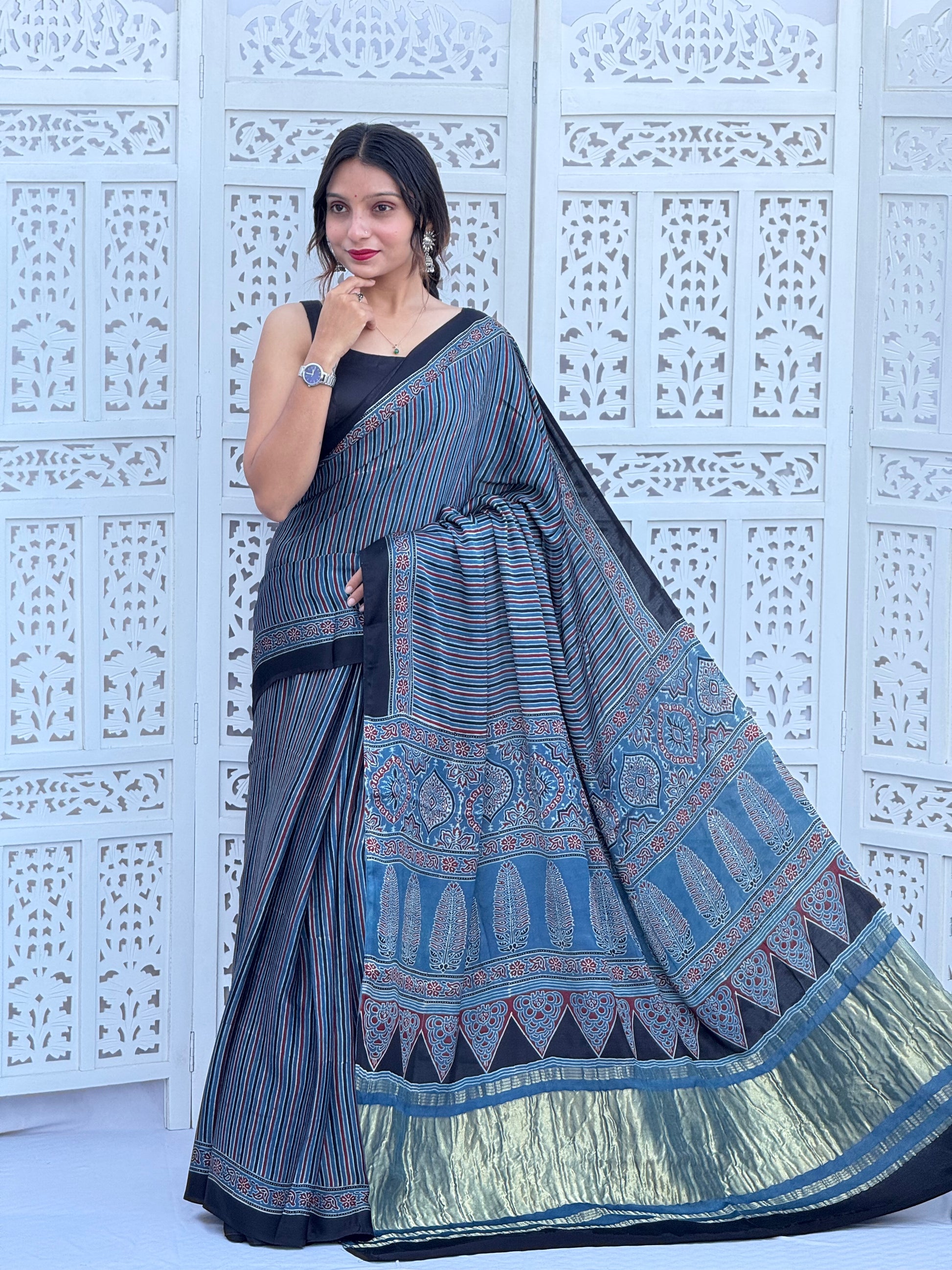 Ajrakh Modal Silk Tissu Pallu Saree
