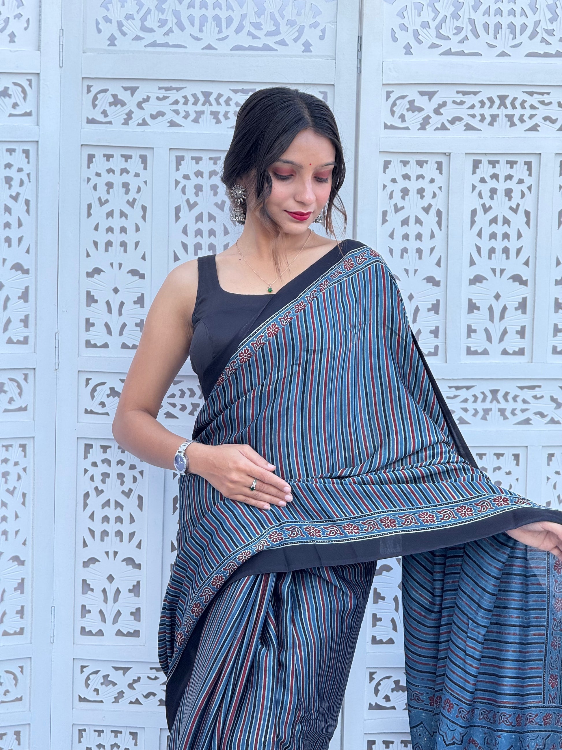 Ajrakh Modal Silk Tissu Pallu Saree