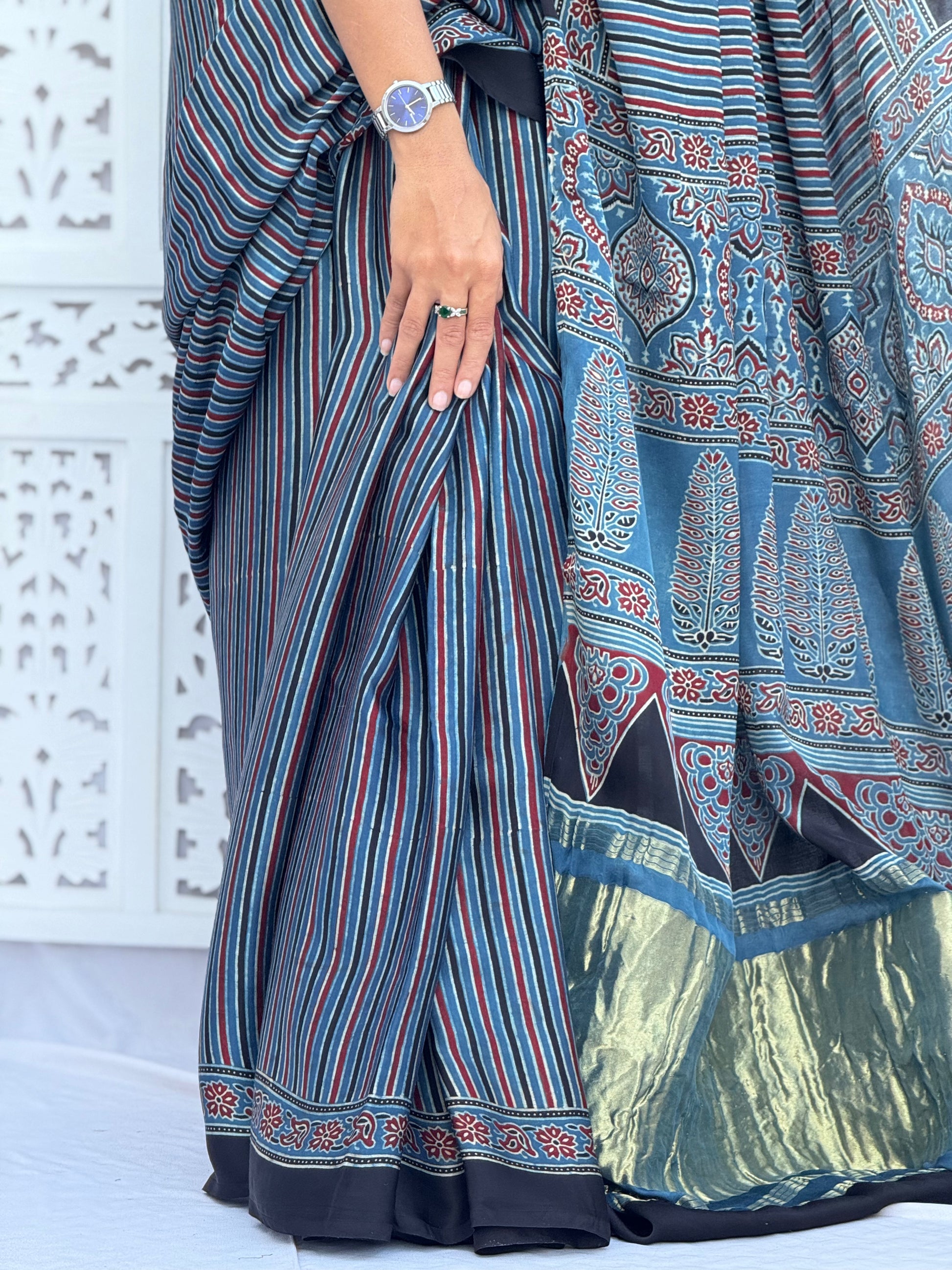 Ajrakh Modal Silk Tissu Pallu Saree