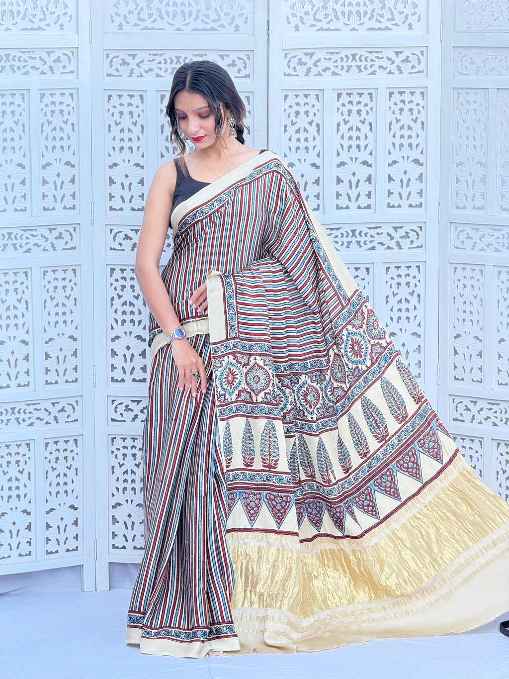 Ajrakh Modal Silk Tissu Pallu Saree