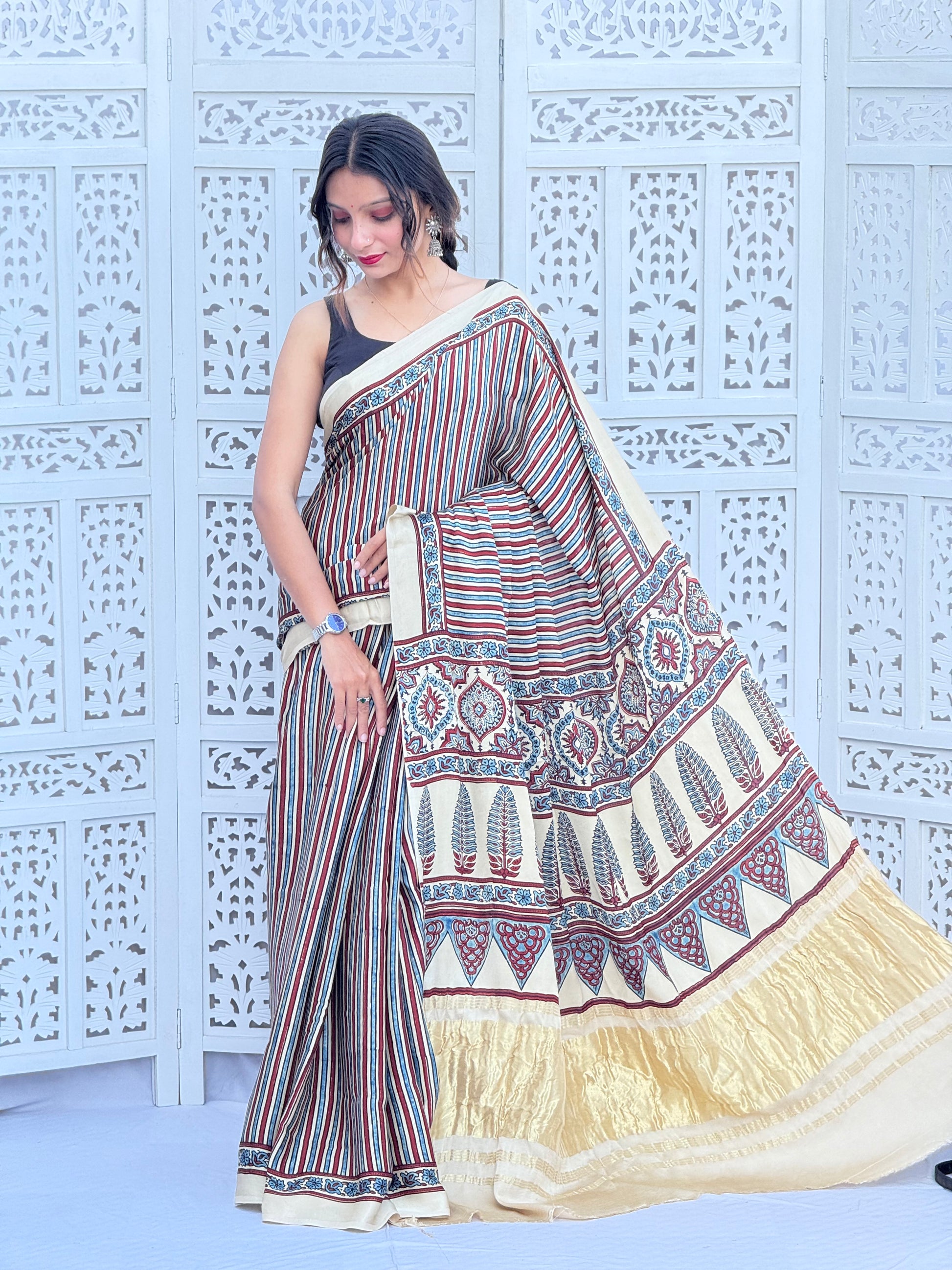 Ajrakh Modal Silk Tissu Pallu Saree