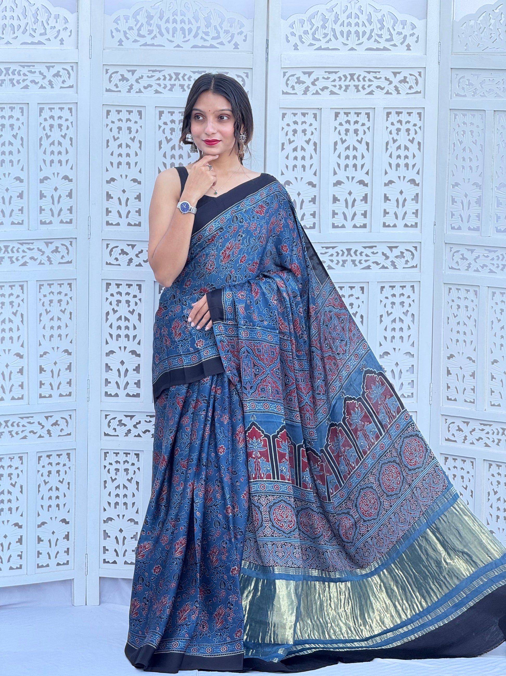 Ajrakh Modal Silk Tissu Pallu Saree
