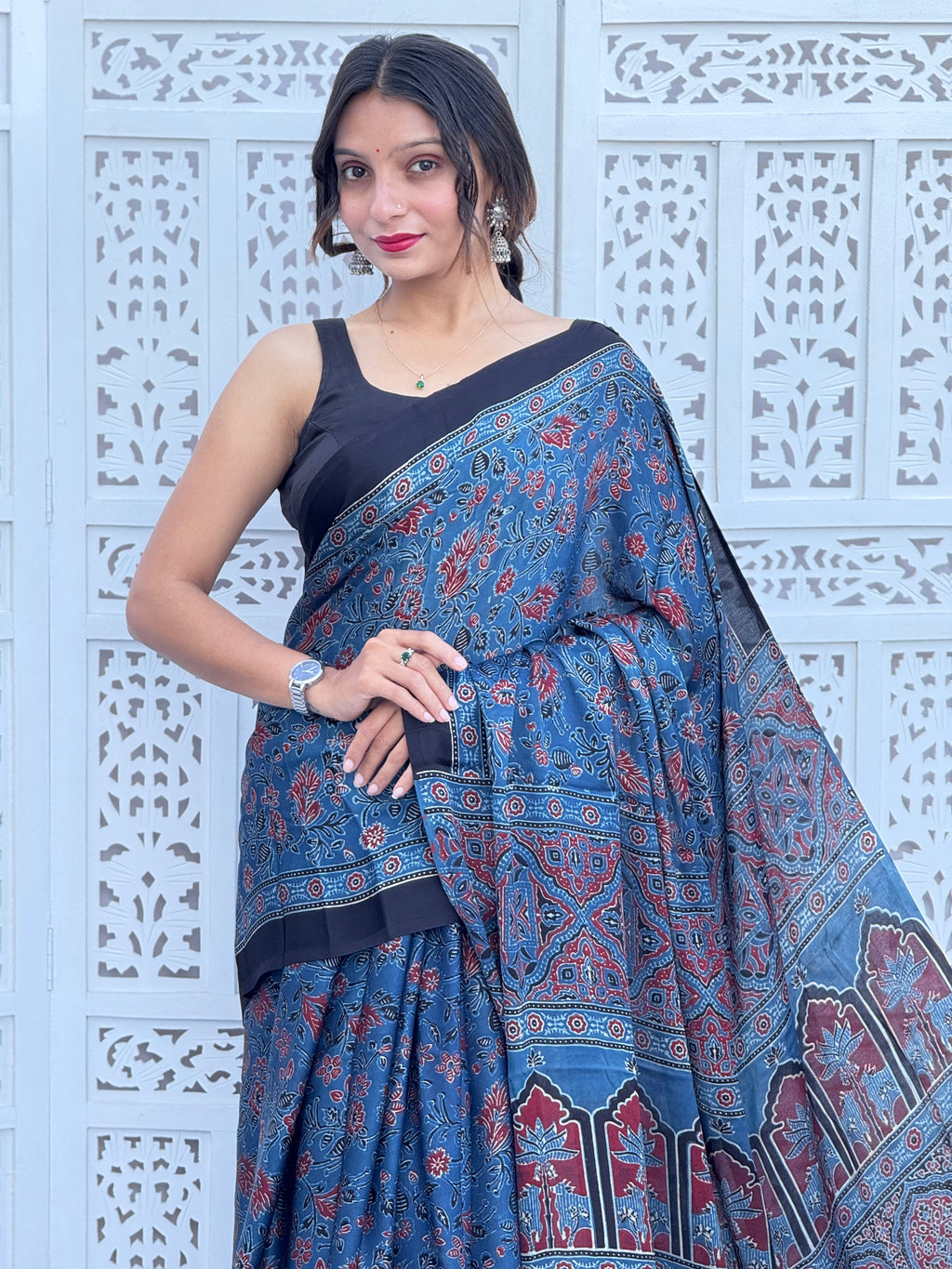 Ajrakh Modal Silk Tissu Pallu Saree