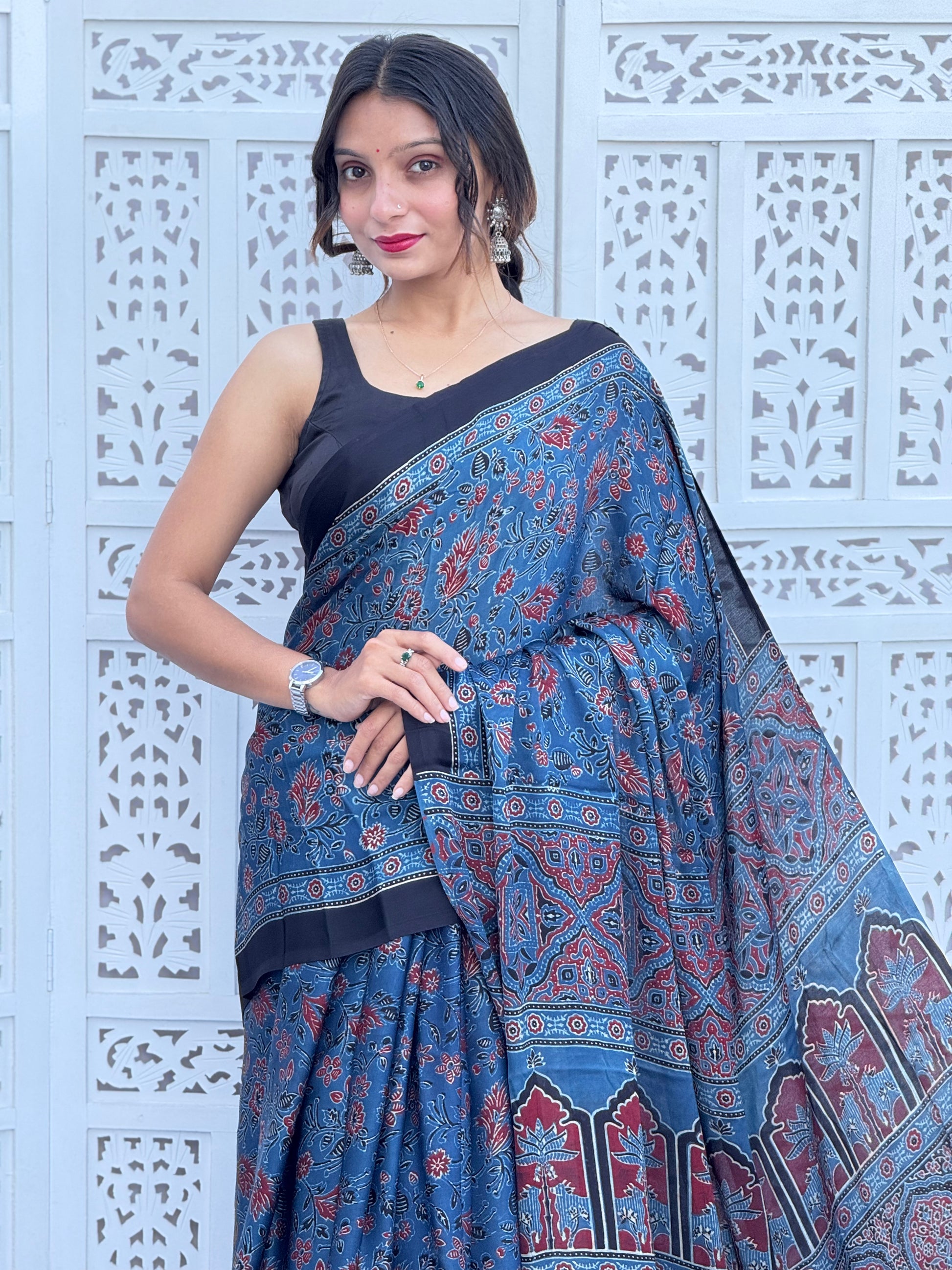 Ajrakh Modal Silk Tissu Pallu Saree