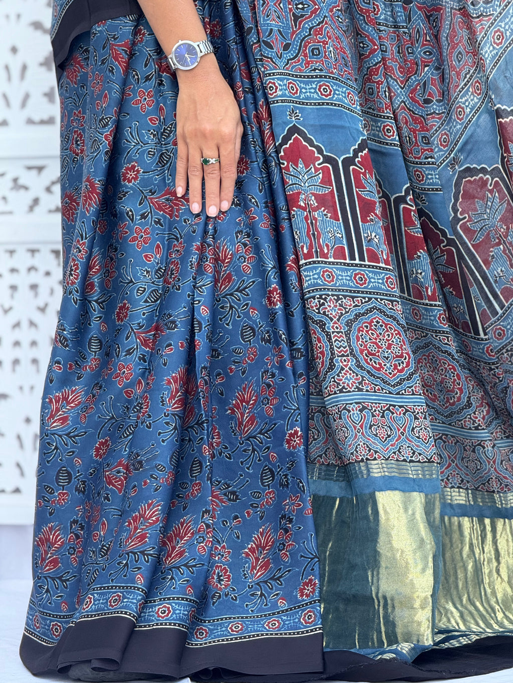 Ajrakh Modal Silk Tissu Pallu Saree