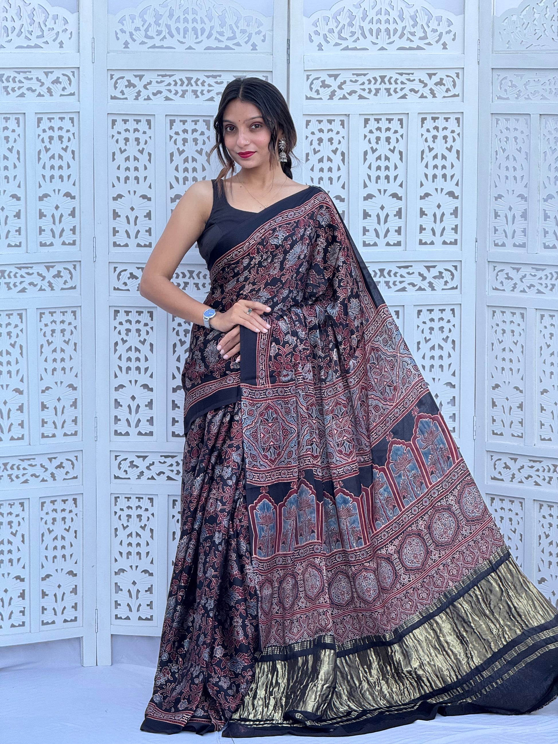 Ajrakh Modal Silk Tissu Pallu Saree