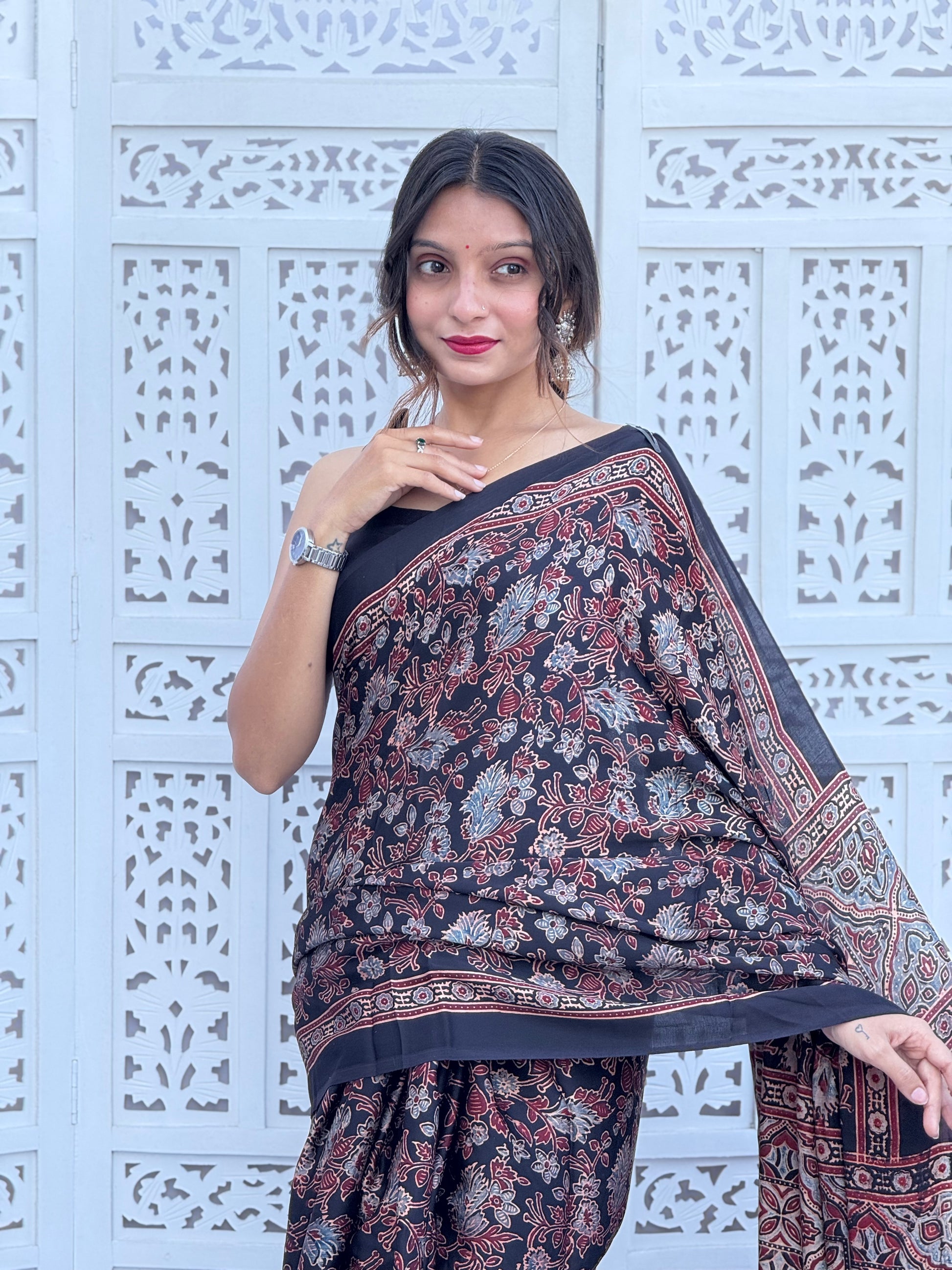 Ajrakh Modal Silk Tissu Pallu Saree