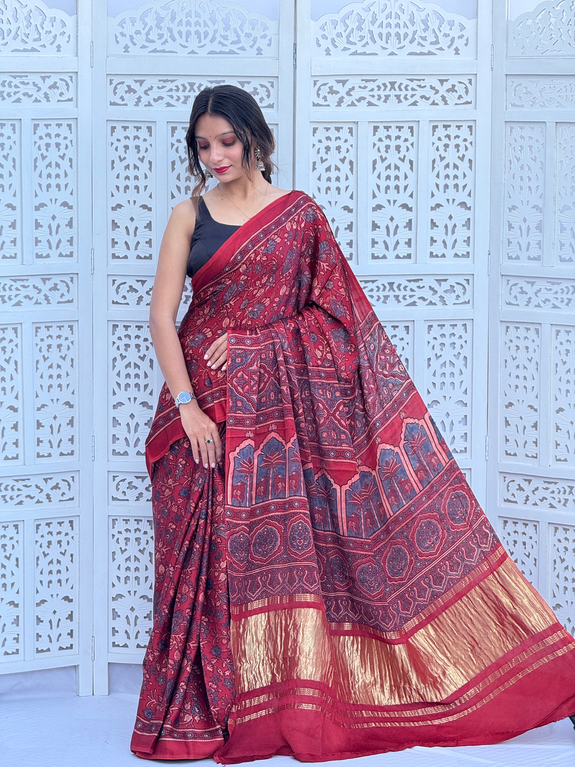 Ajrakh Modal Silk Tissu Pallu Saree