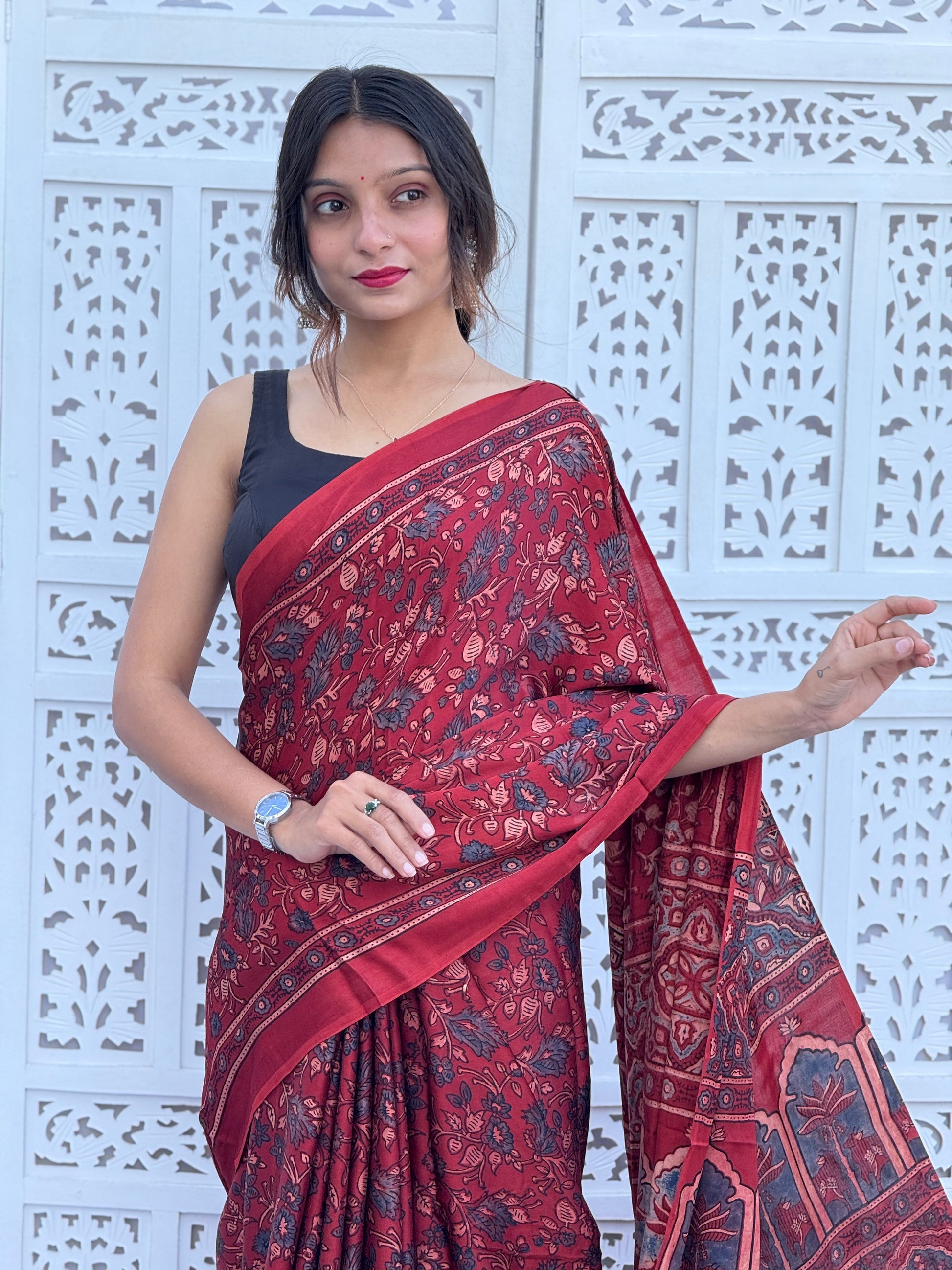 Ajrakh Modal Silk Tissu Pallu Saree