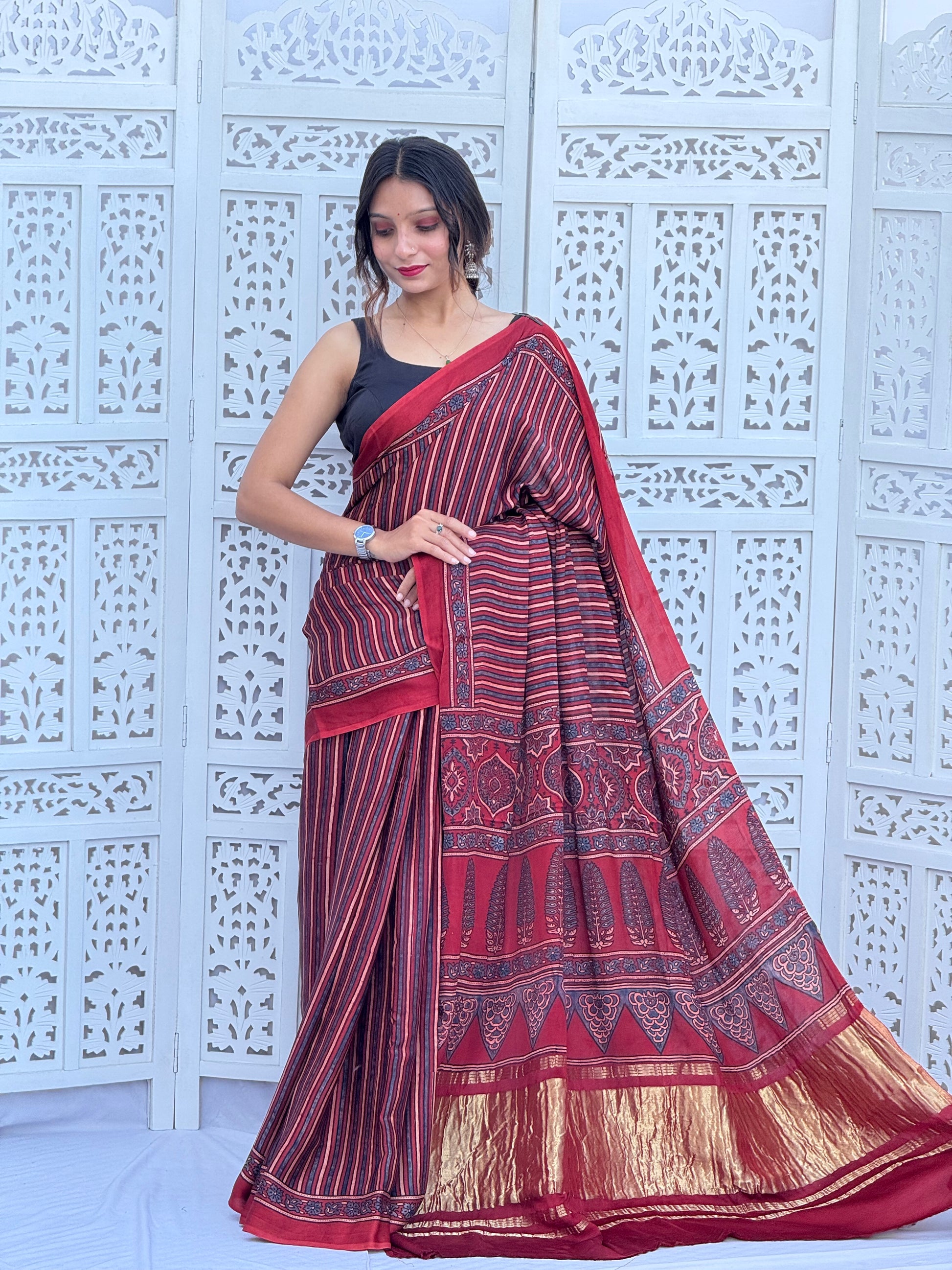Ajrakh Modal Silk Tissu Pallu Saree