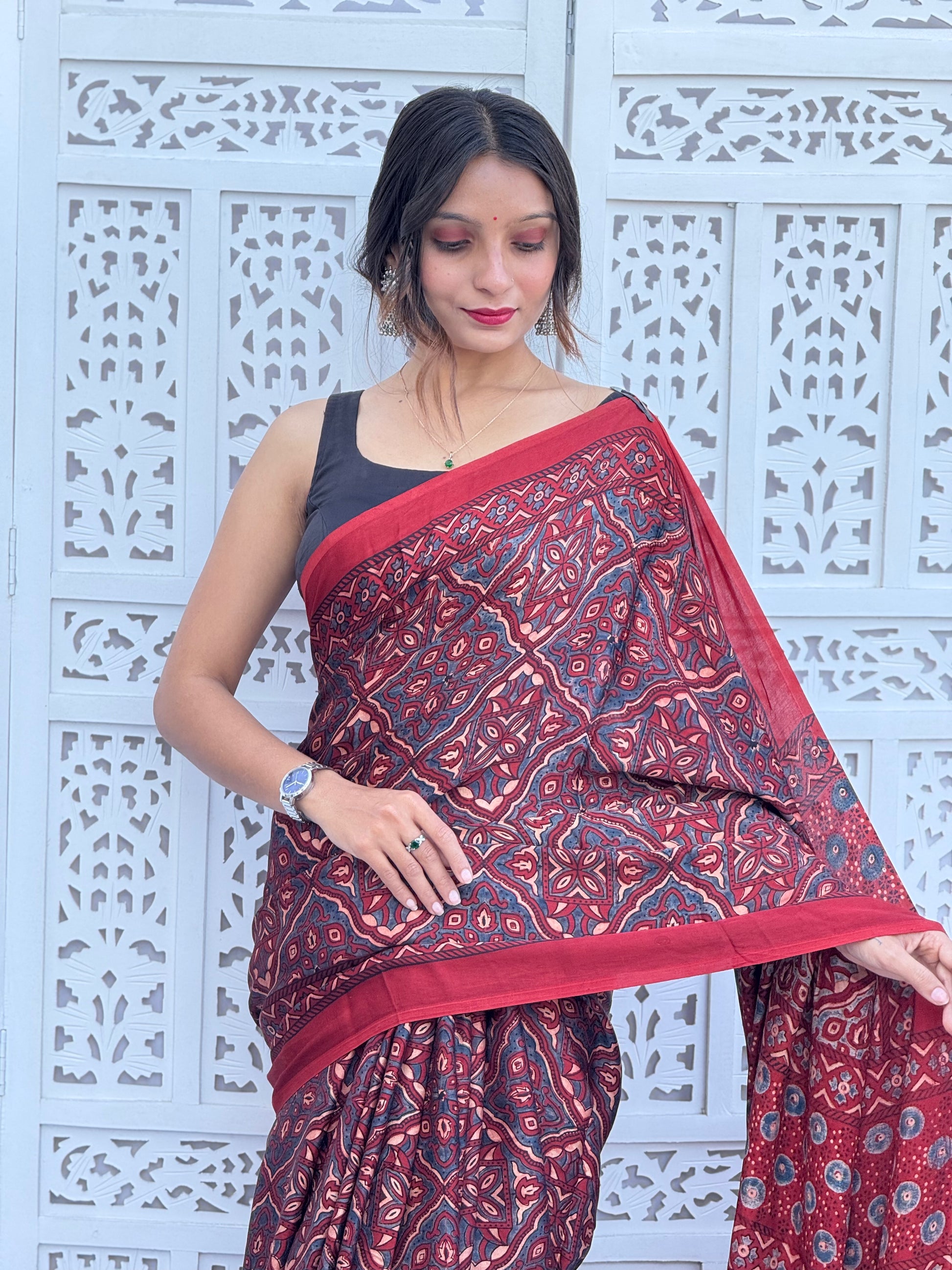 Ajrakh Modal Silk Tissu Pallu Saree