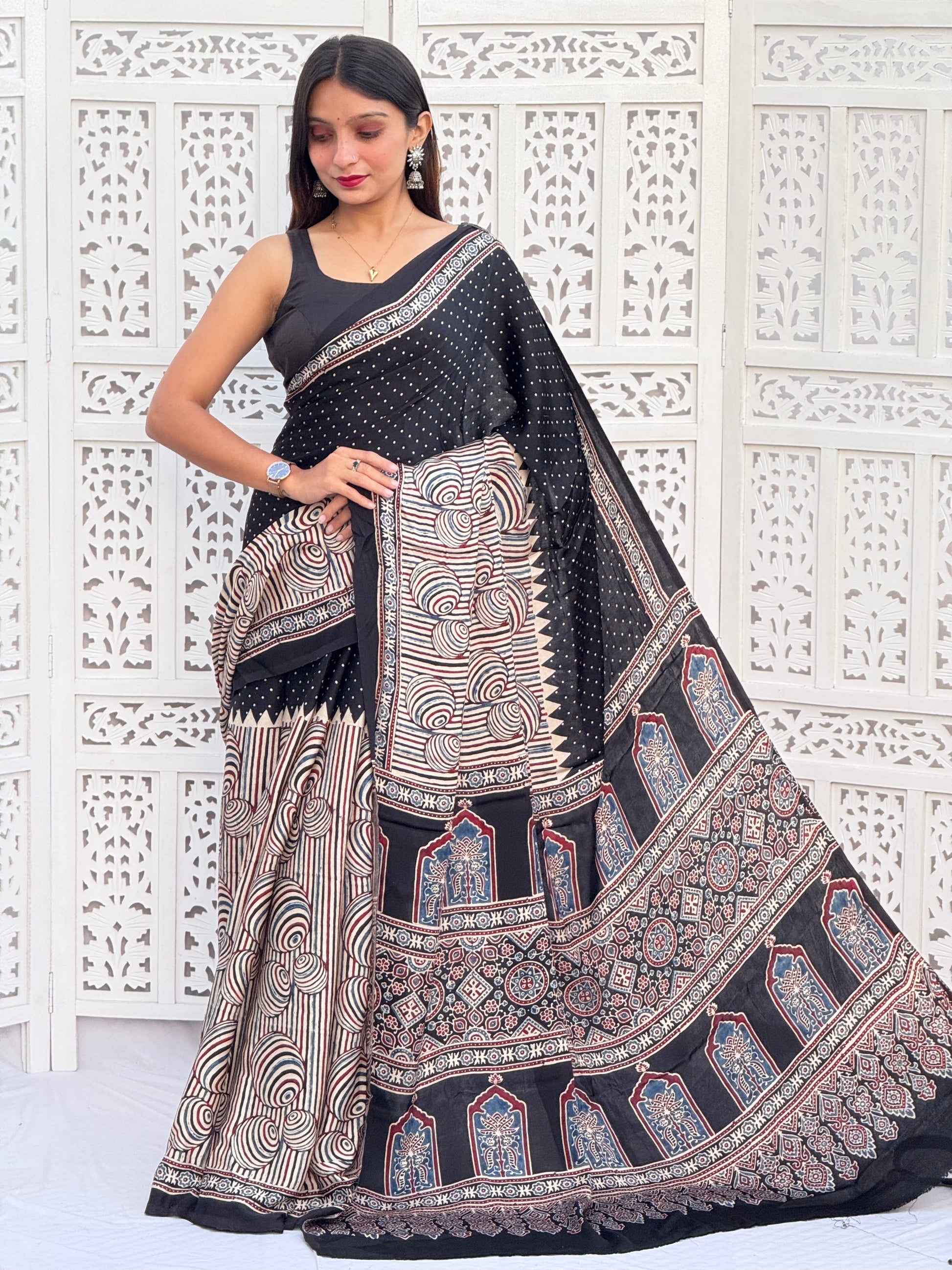 Ajrakh Modal Silk Saree