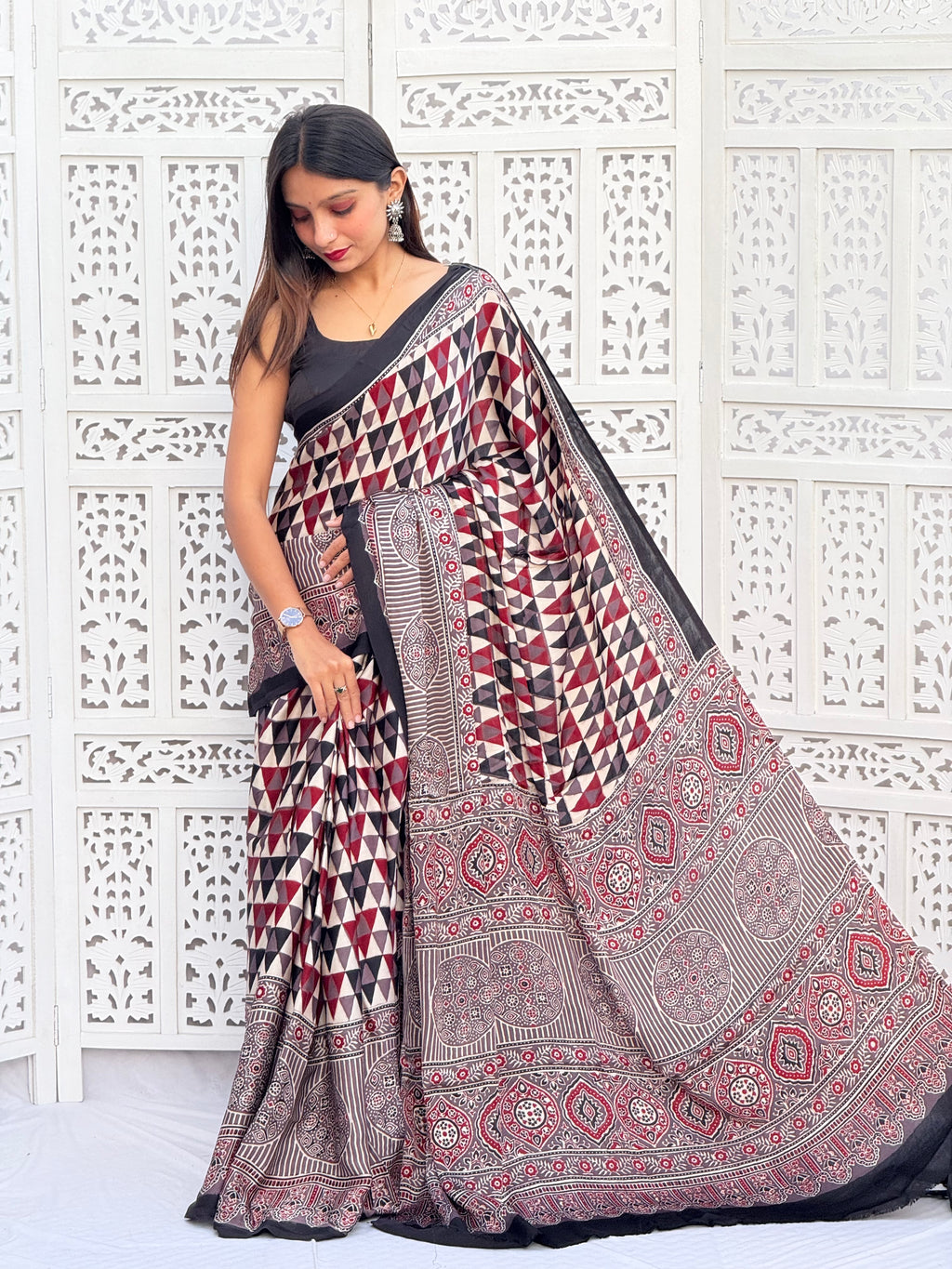 Ajrakh Modal Silk Saree