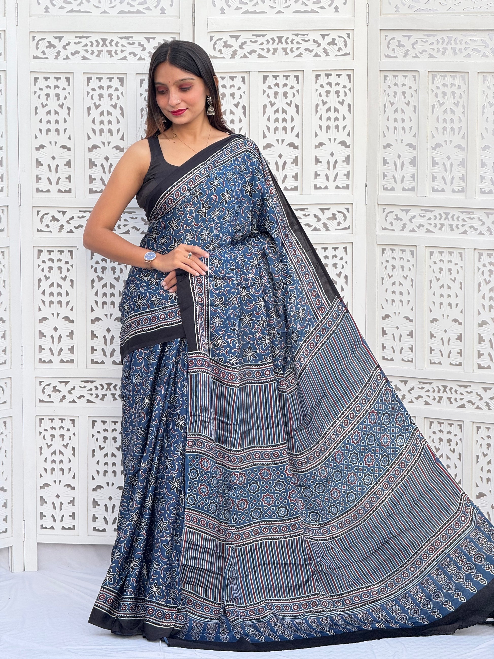 Ajrakh Modal Silk Saree