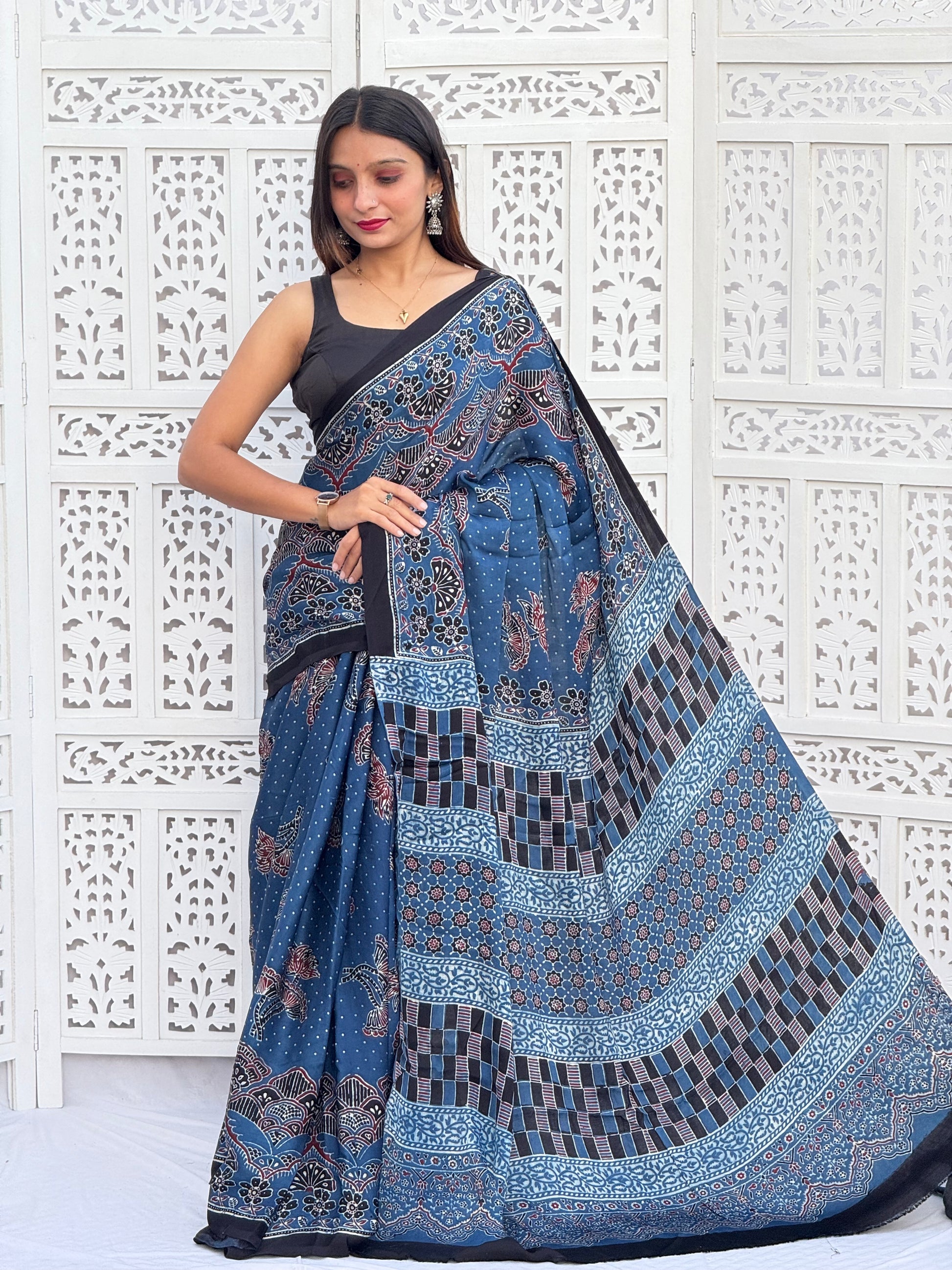 Ajrakh Modal Silk Saree
