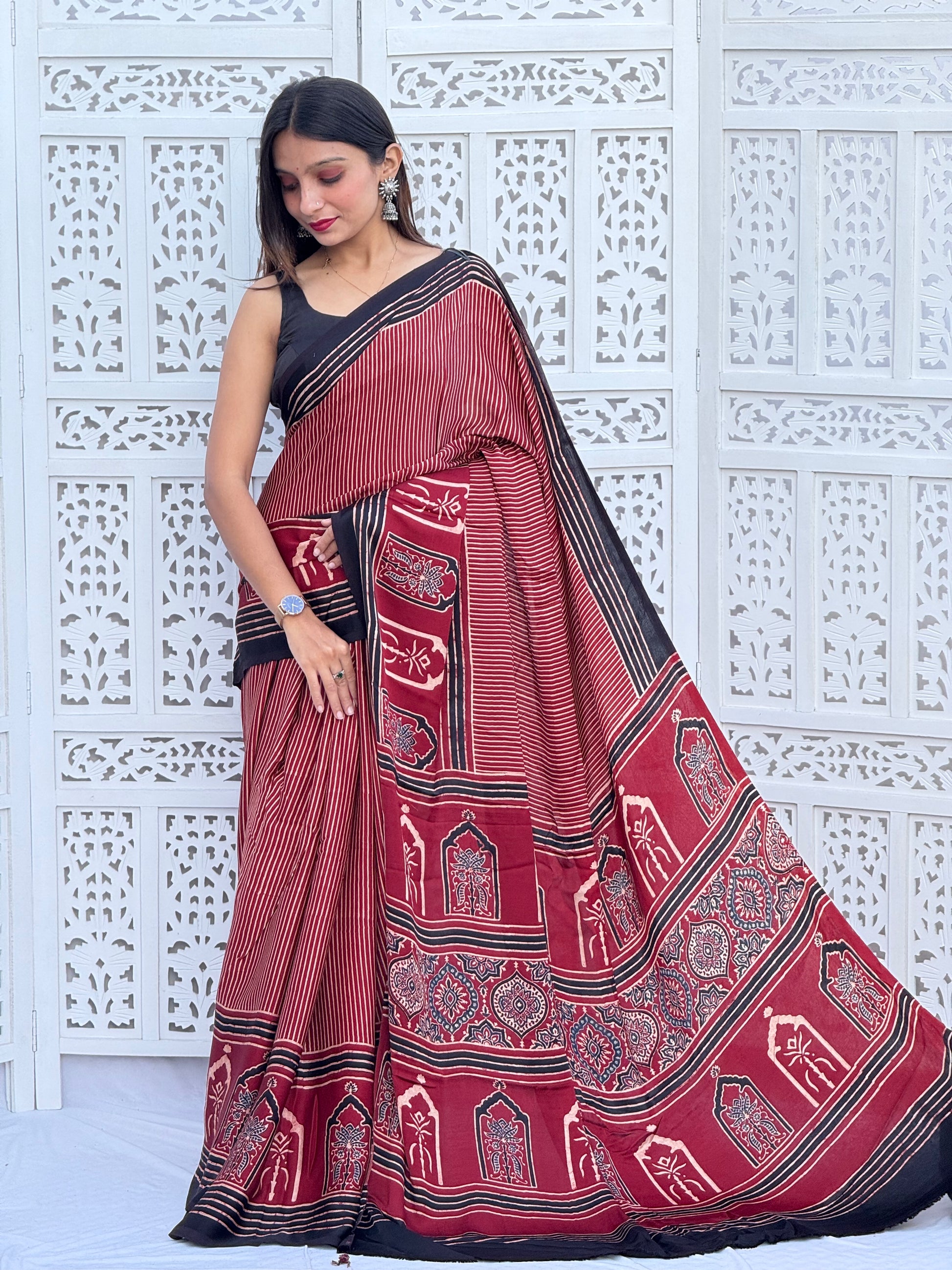 Ajrakh Modal Silk Saree