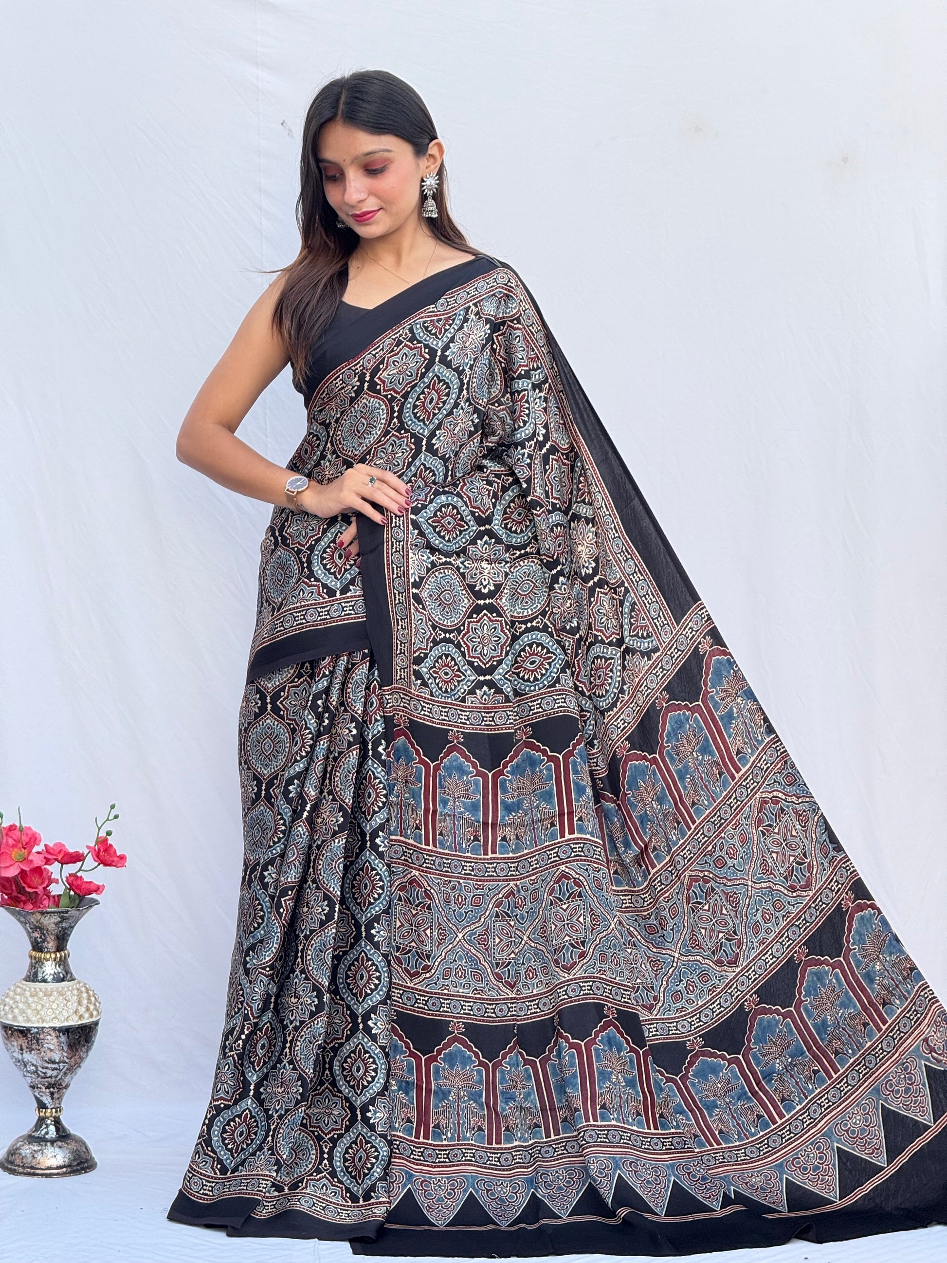 Ajrakh Modal Silk Saree