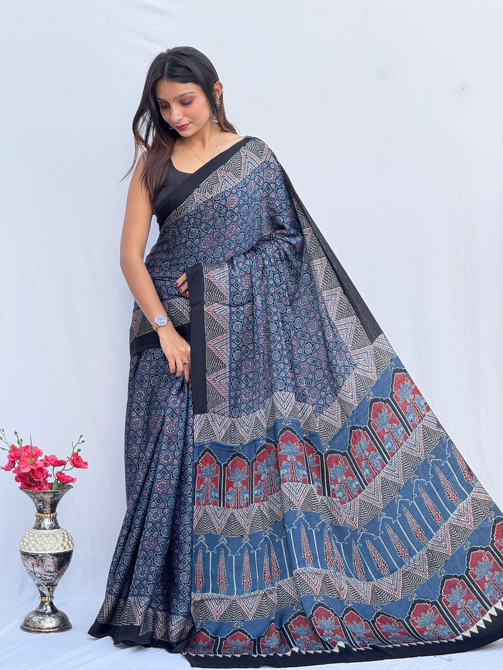 Ajrakh Modal Silk Saree