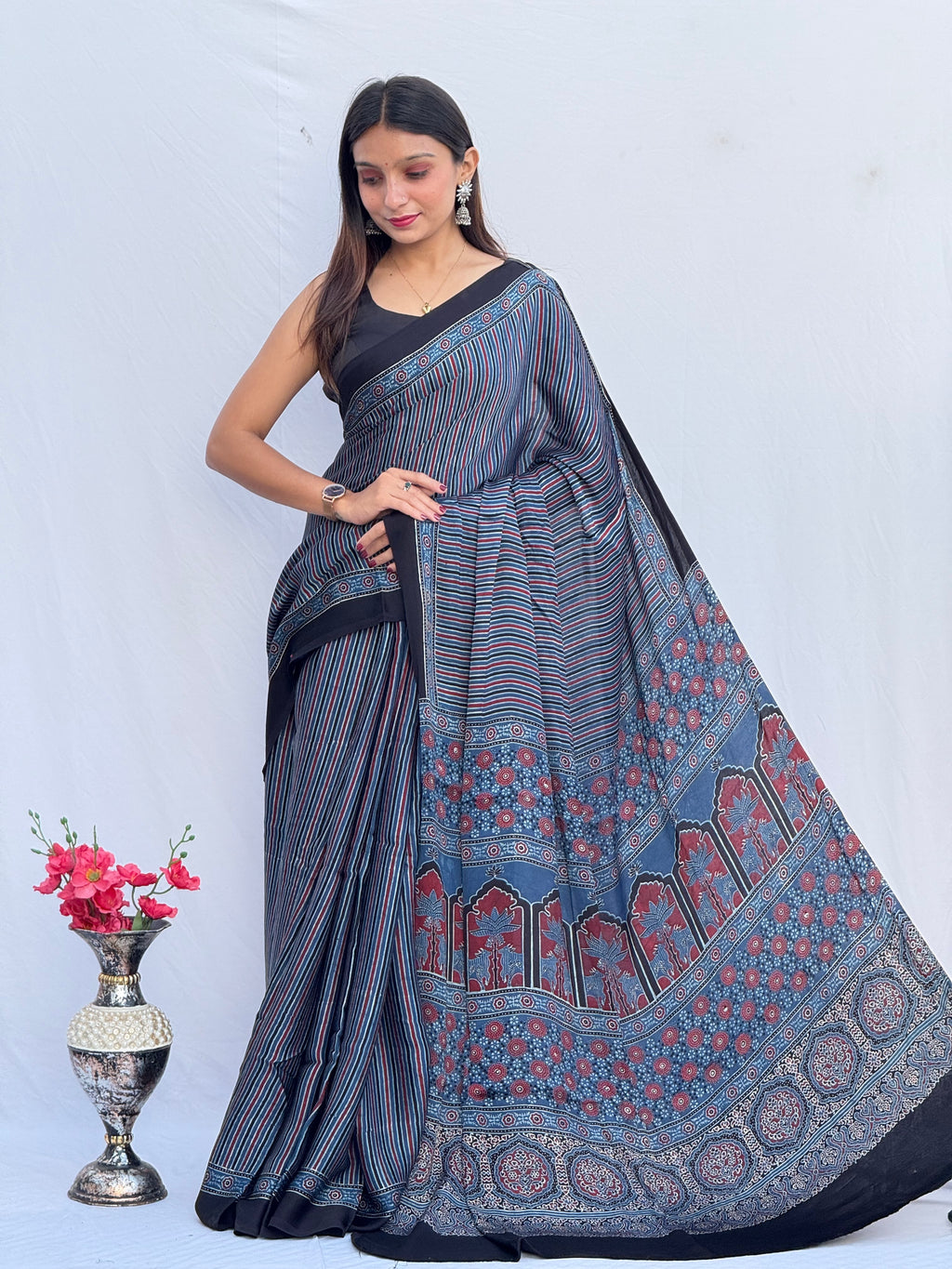 Ajrakh Modal Silk Saree