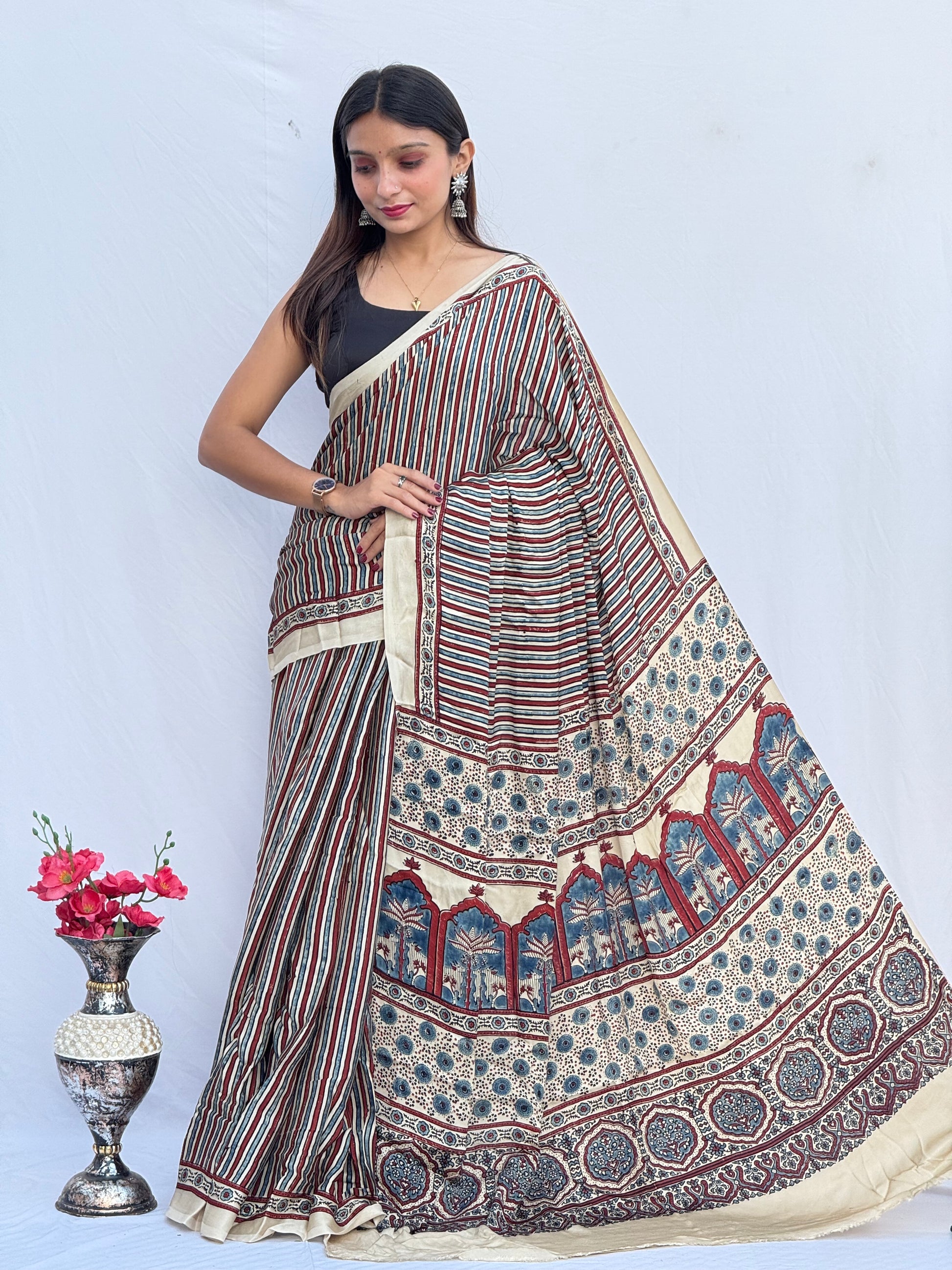 Ajrakh Modal Silk Saree
