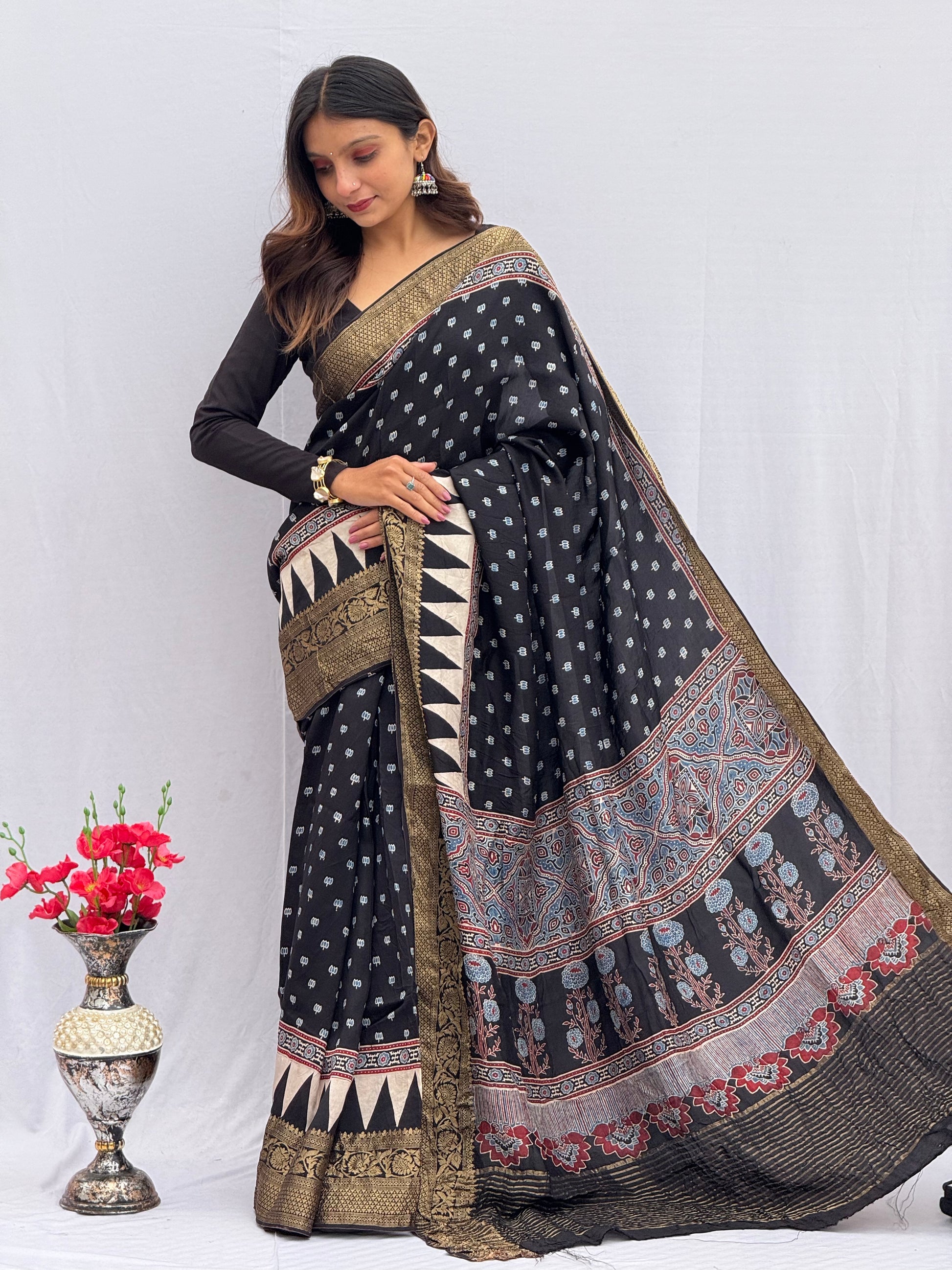 Ajrakh Dola Silk Saree