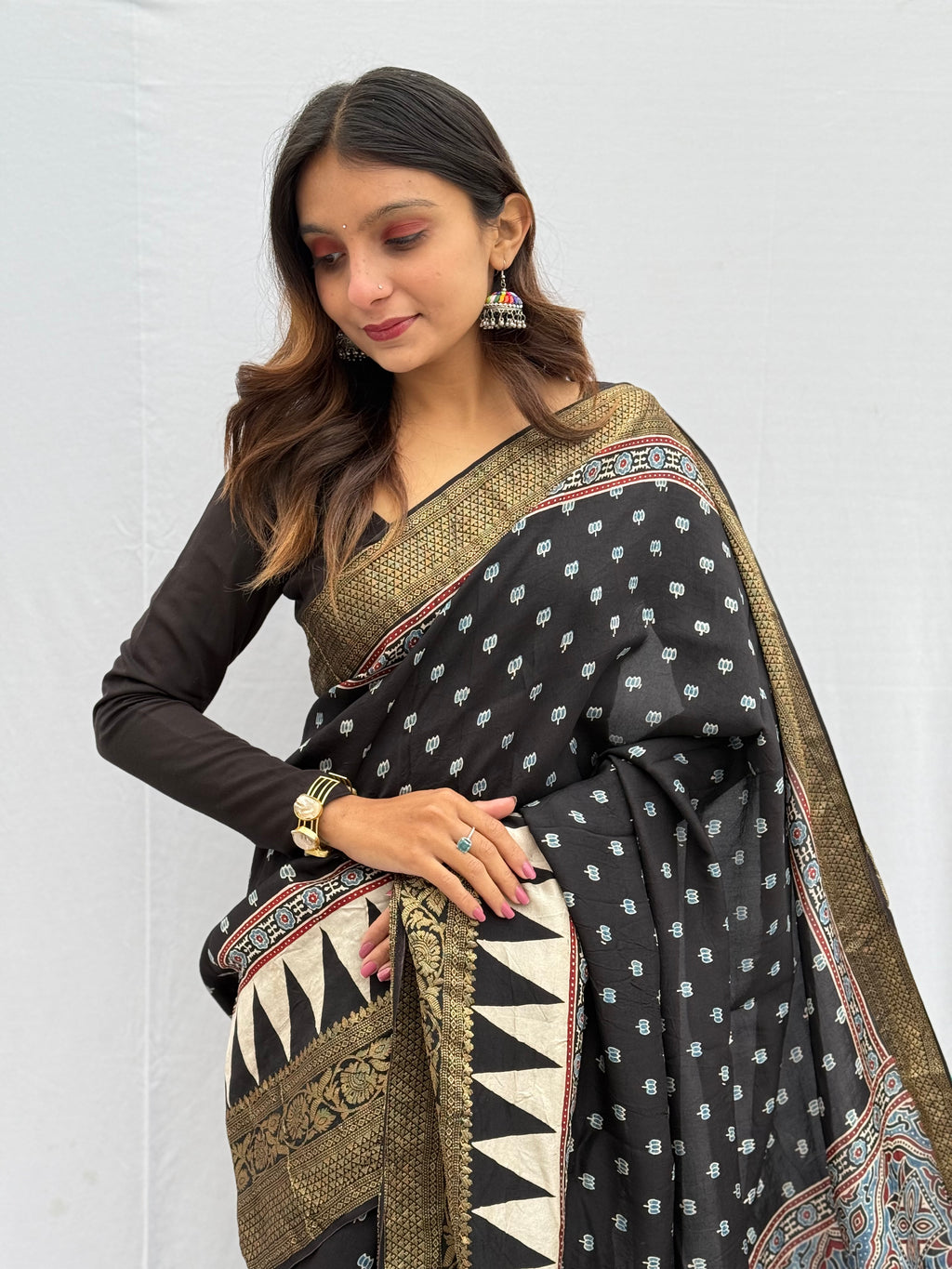 Ajrakh Dola Silk Saree