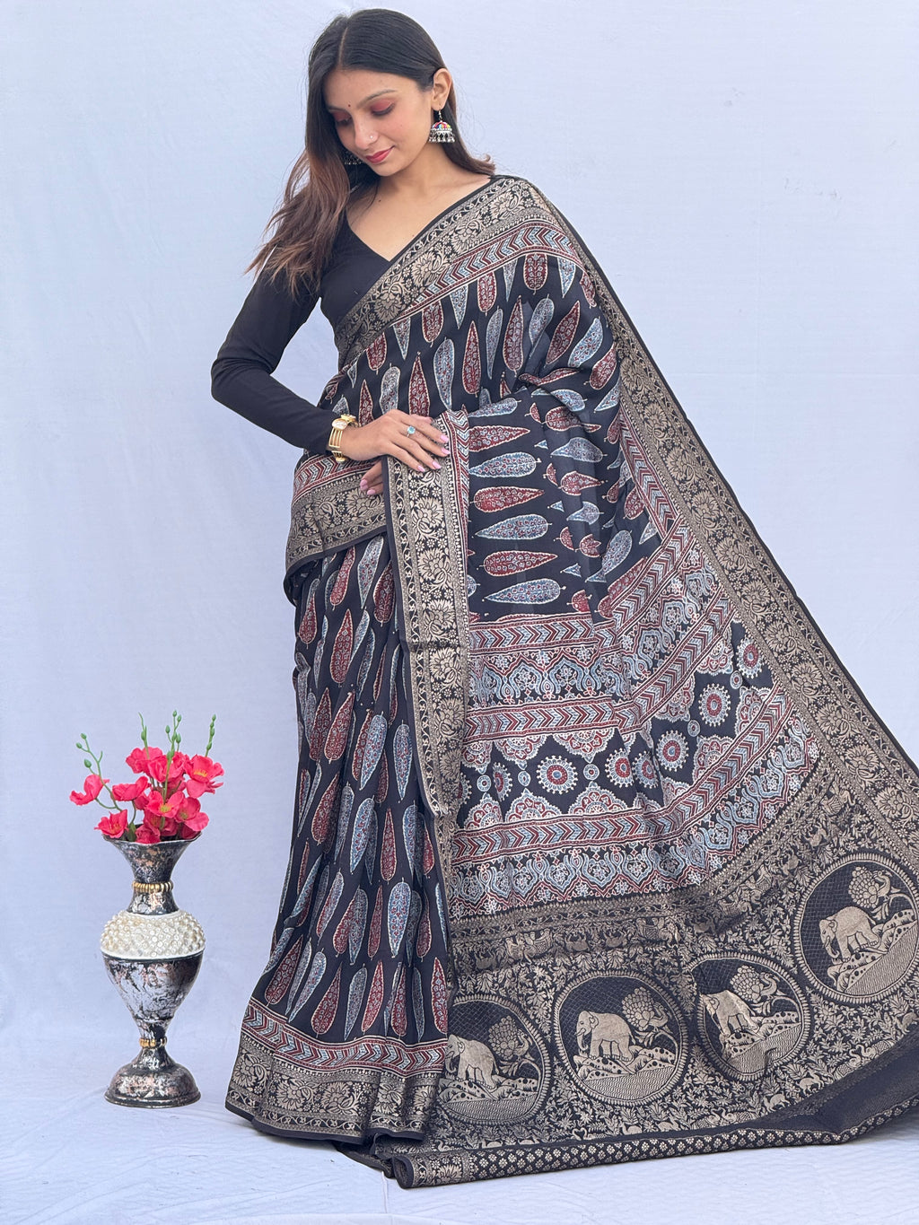 Ajrakh Rich Dola Silk Saree