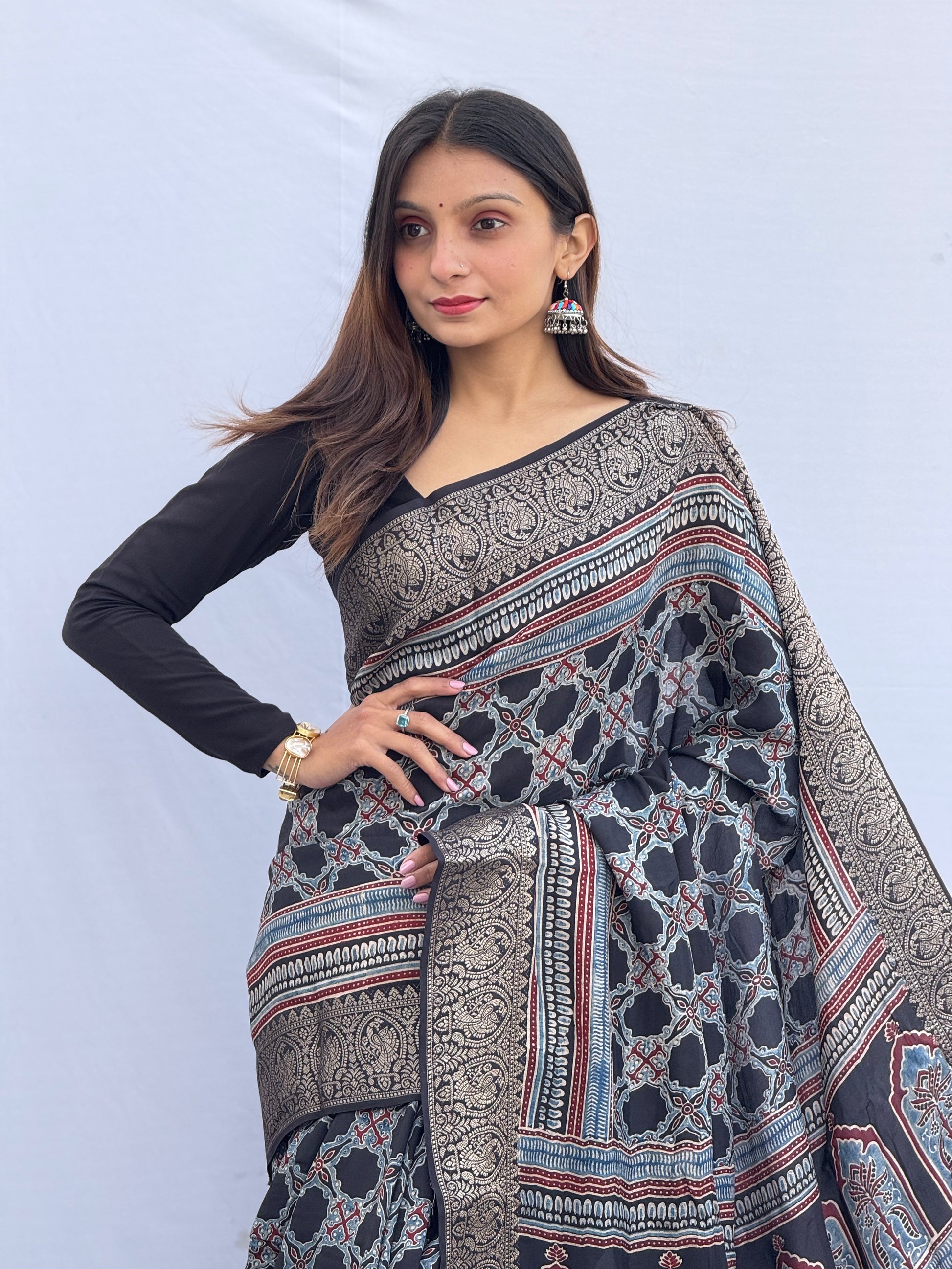 Ajrakh Rich Dola Silk Saree
