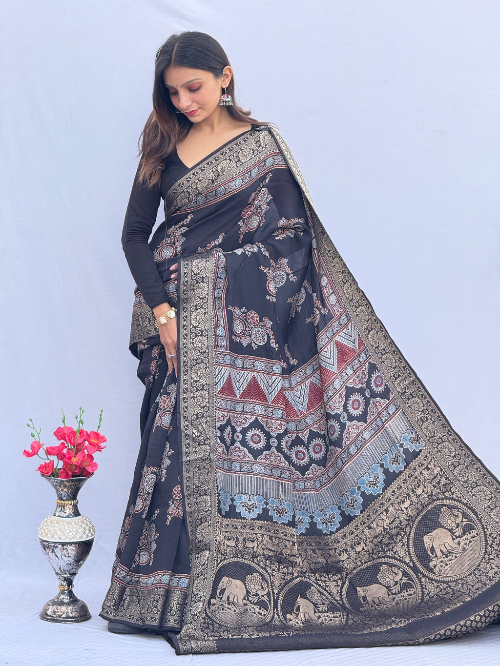 Ajrakh Rich Dola Silk Saree