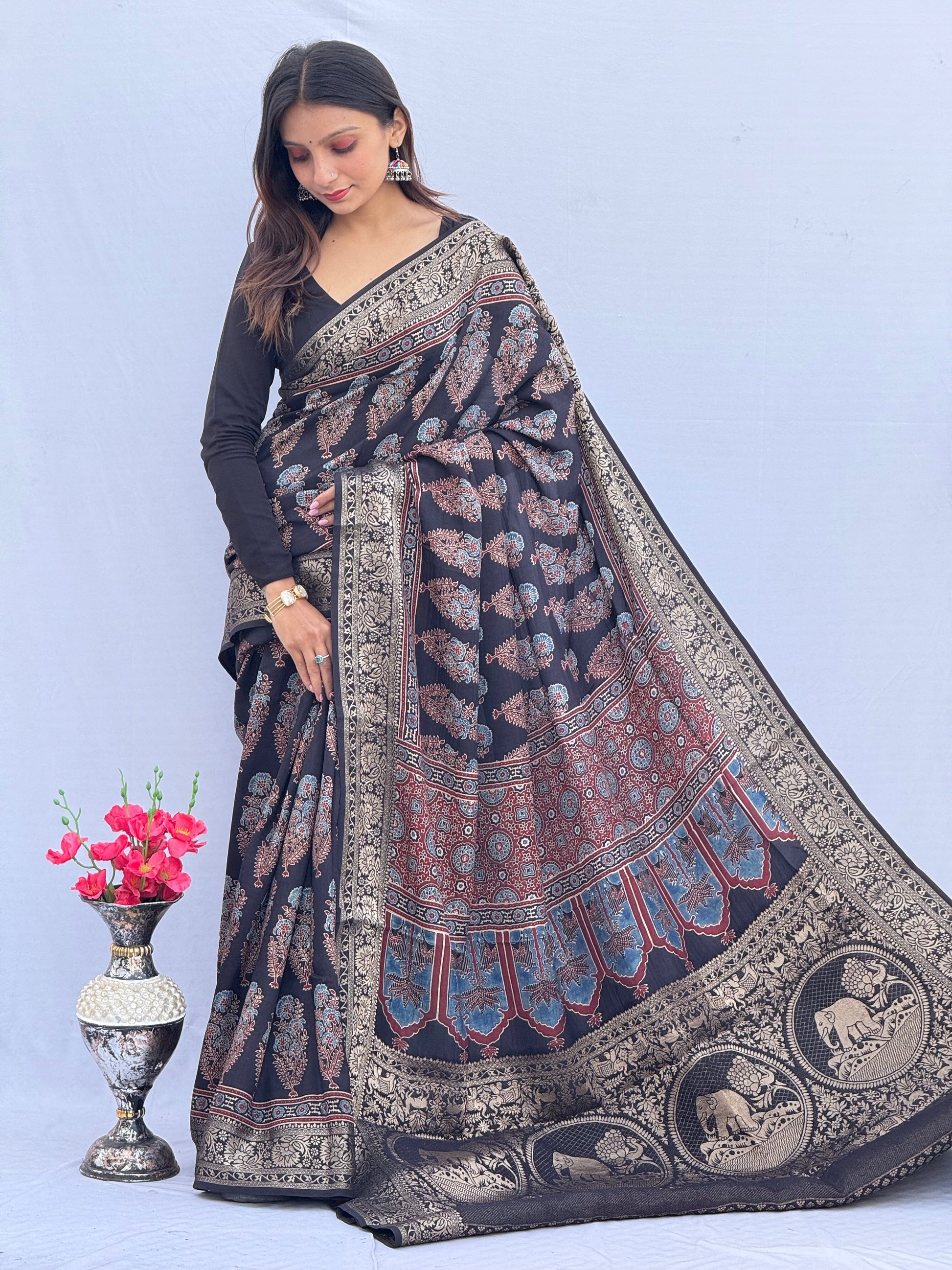 Ajrakh Rich Dola Silk Saree