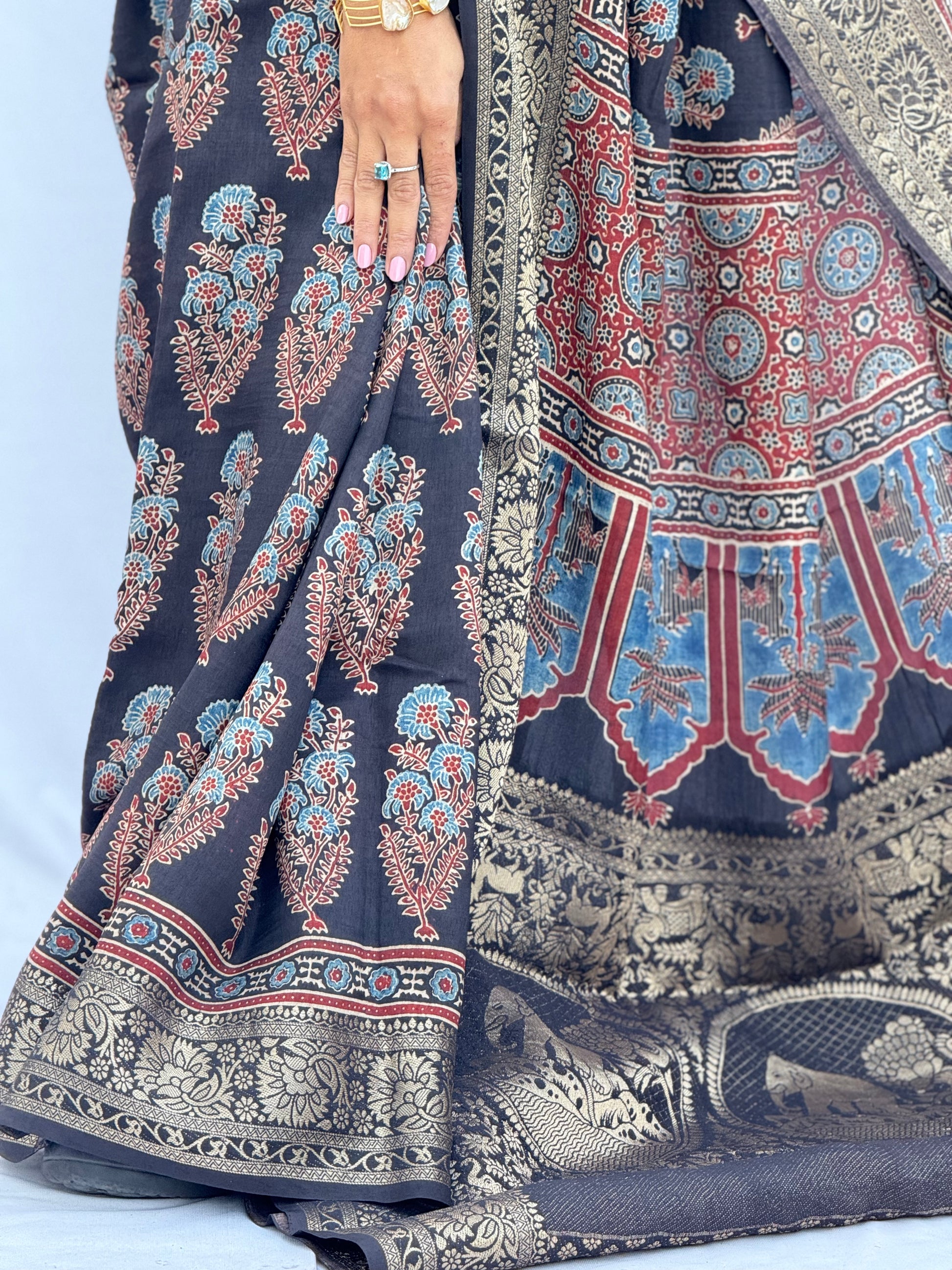 Ajrakh Rich Dola Silk Saree