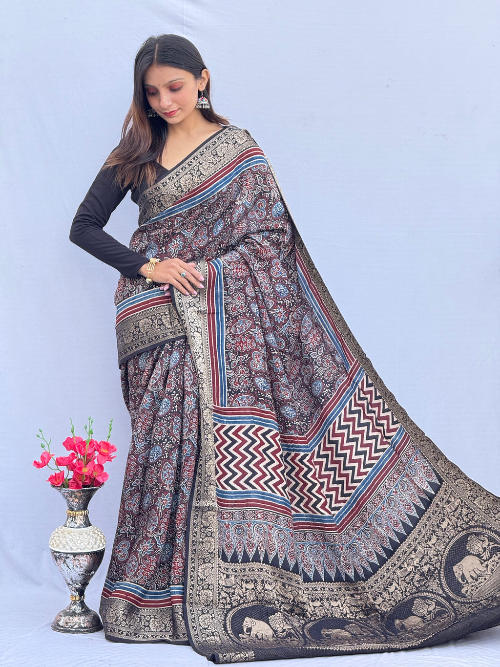 Ajrakh Rich Dola Silk Saree