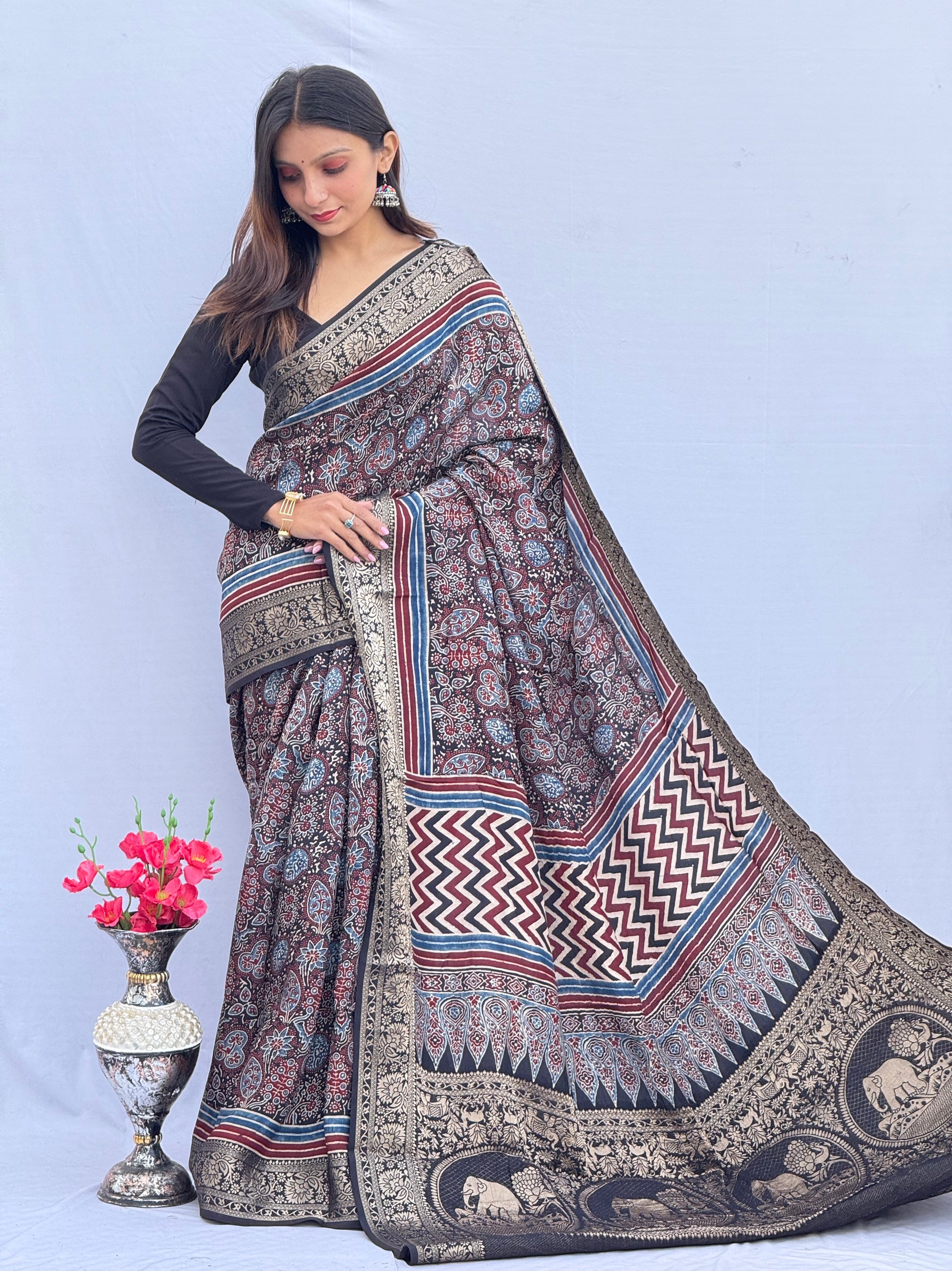 Ajrakh Rich Dola Silk Saree