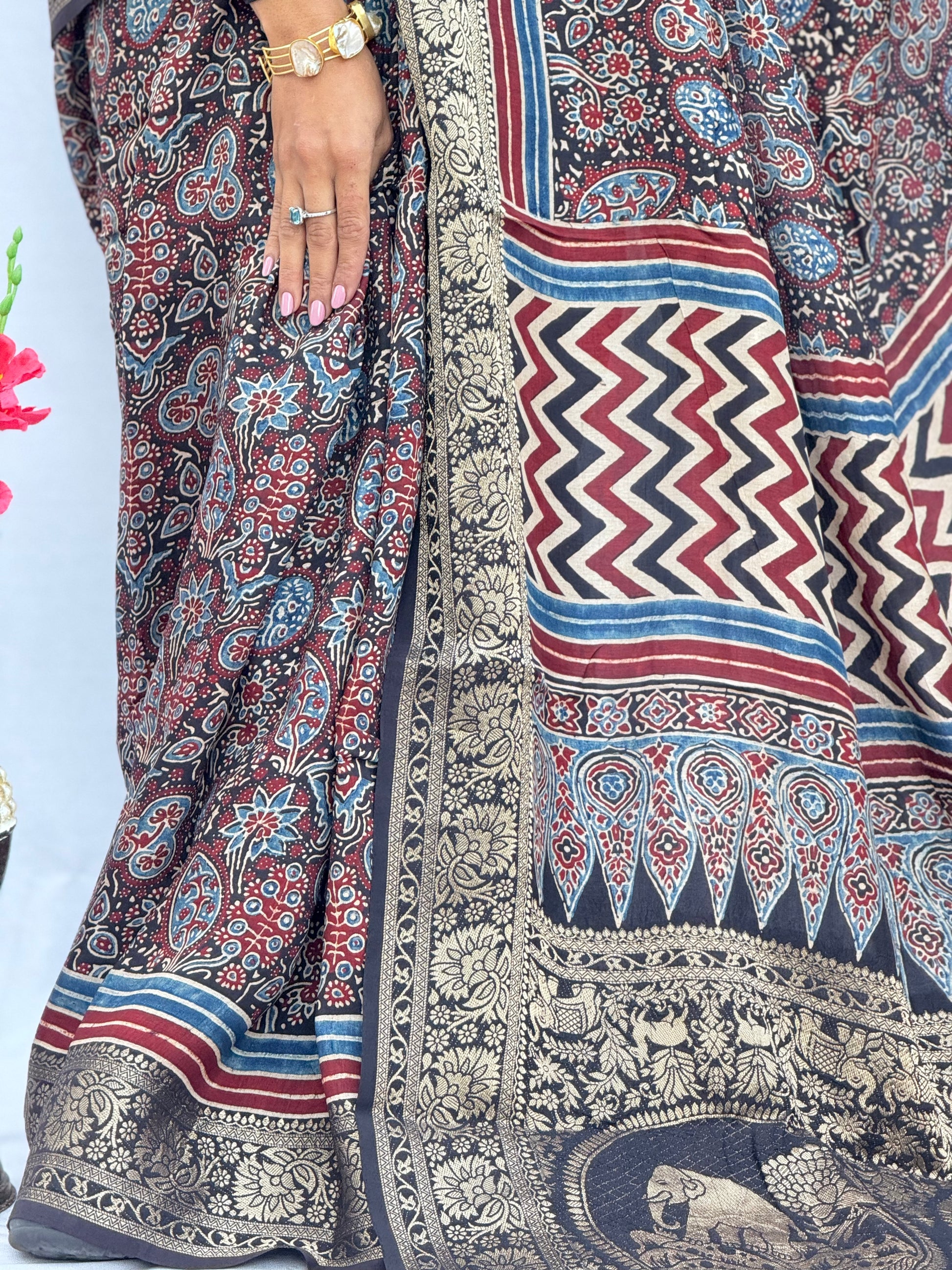 Ajrakh Rich Dola Silk Saree