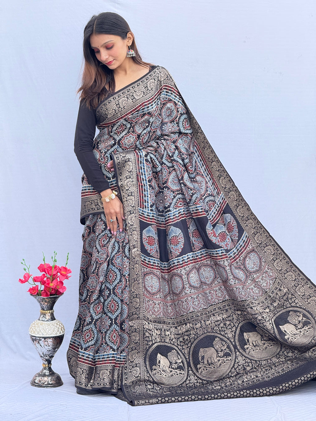 Ajrakh Rich Dola Silk Saree