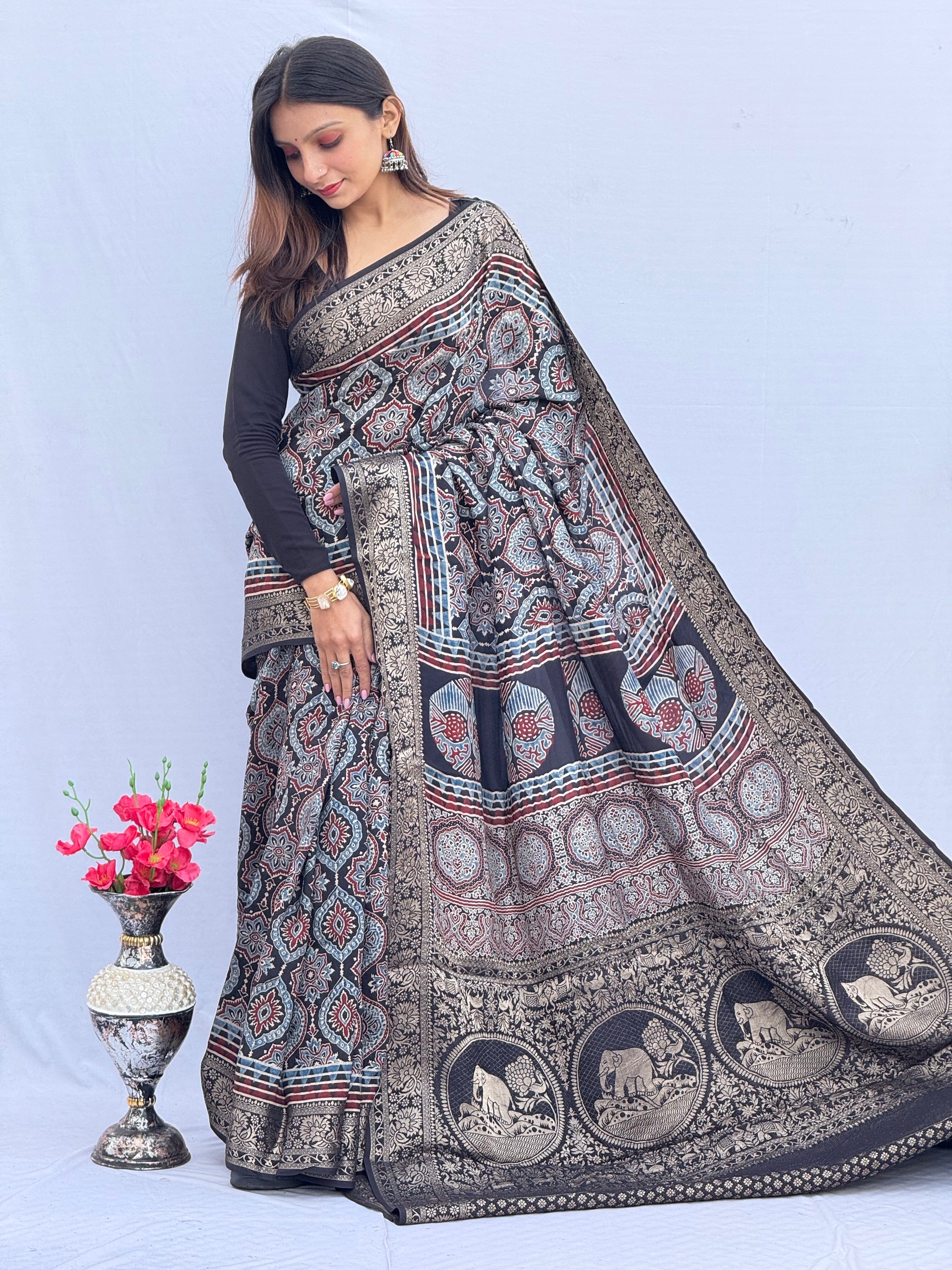 Ajrakh Rich Dola Silk Saree