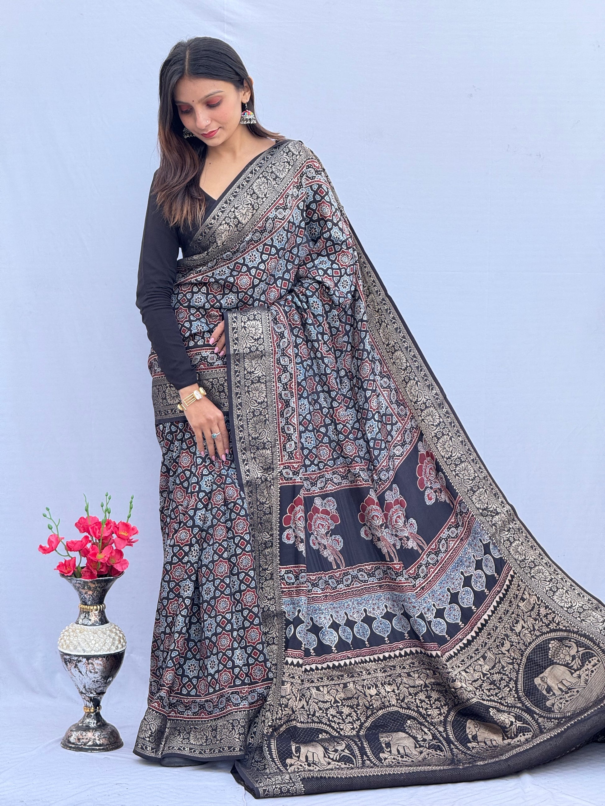 Ajrakh Rich Dola Silk Saree