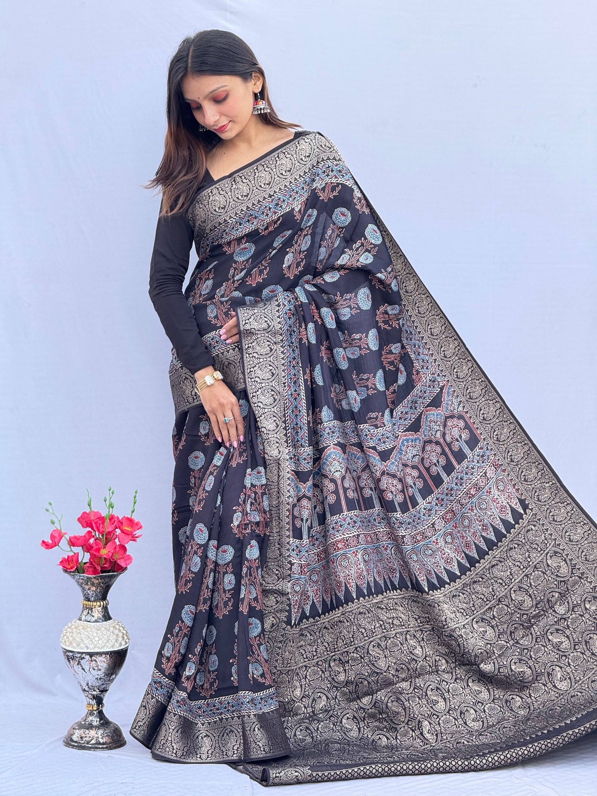 Ajrakh Rich Dola Silk Saree