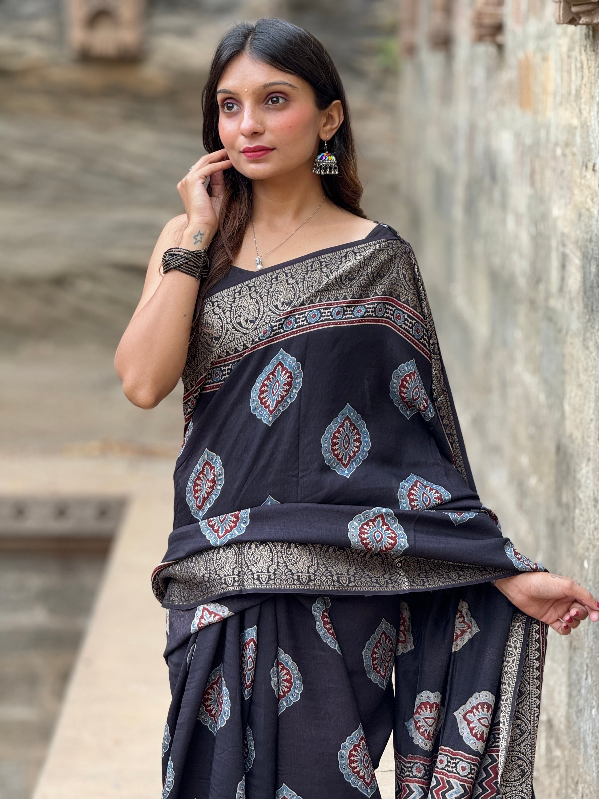 Ajrakh Rich Dola Silk Saree