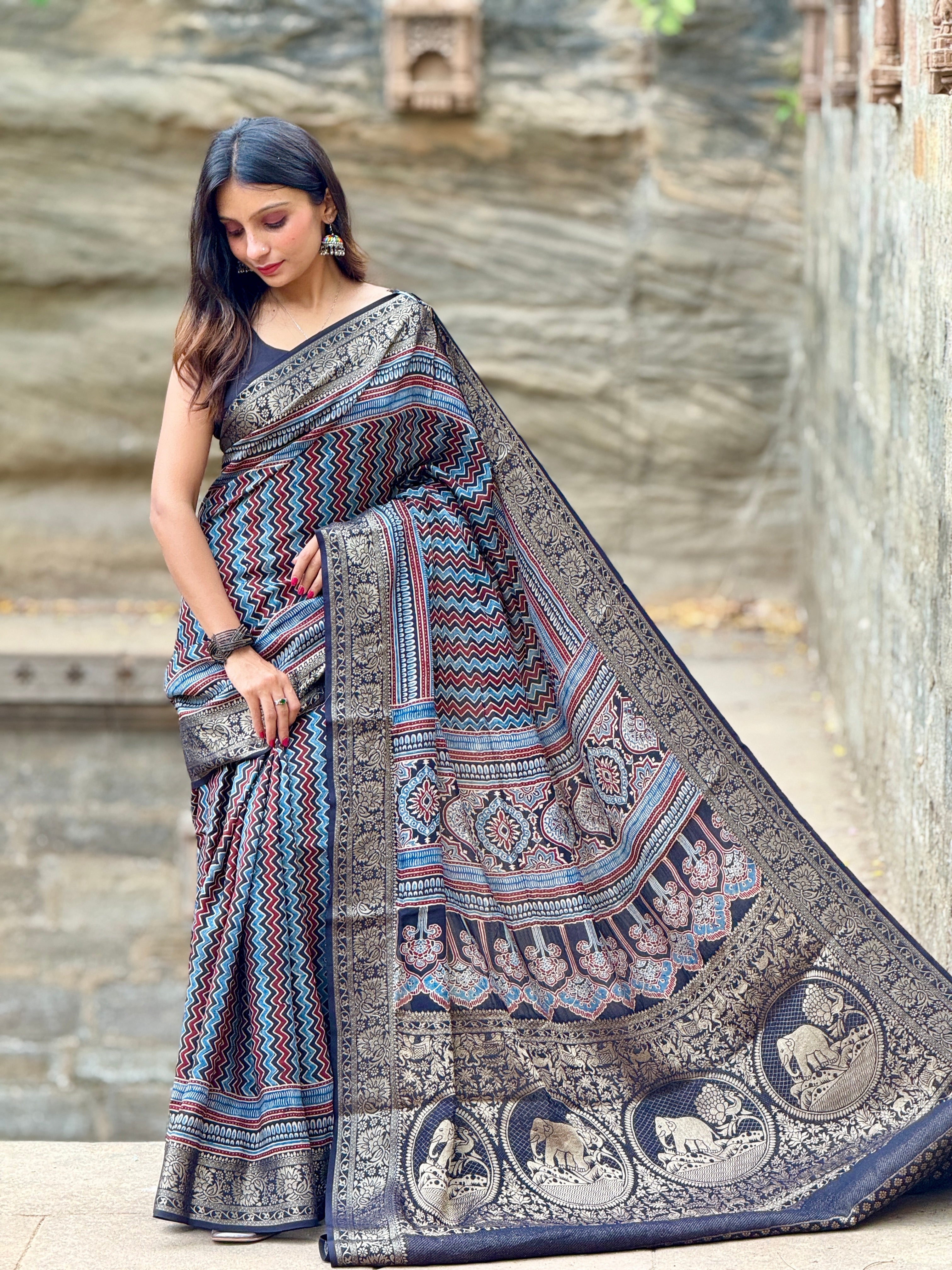 Ajrakh Rich Dola Silk Saree
