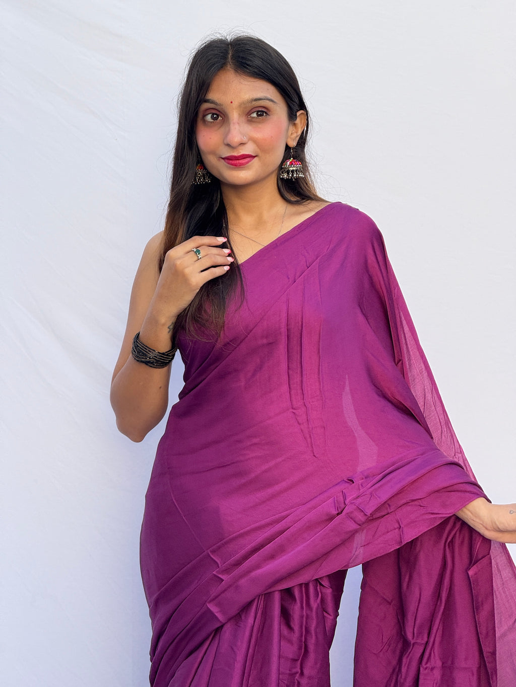 Plain Modal Silk Tissu Pallu Saree - Purple