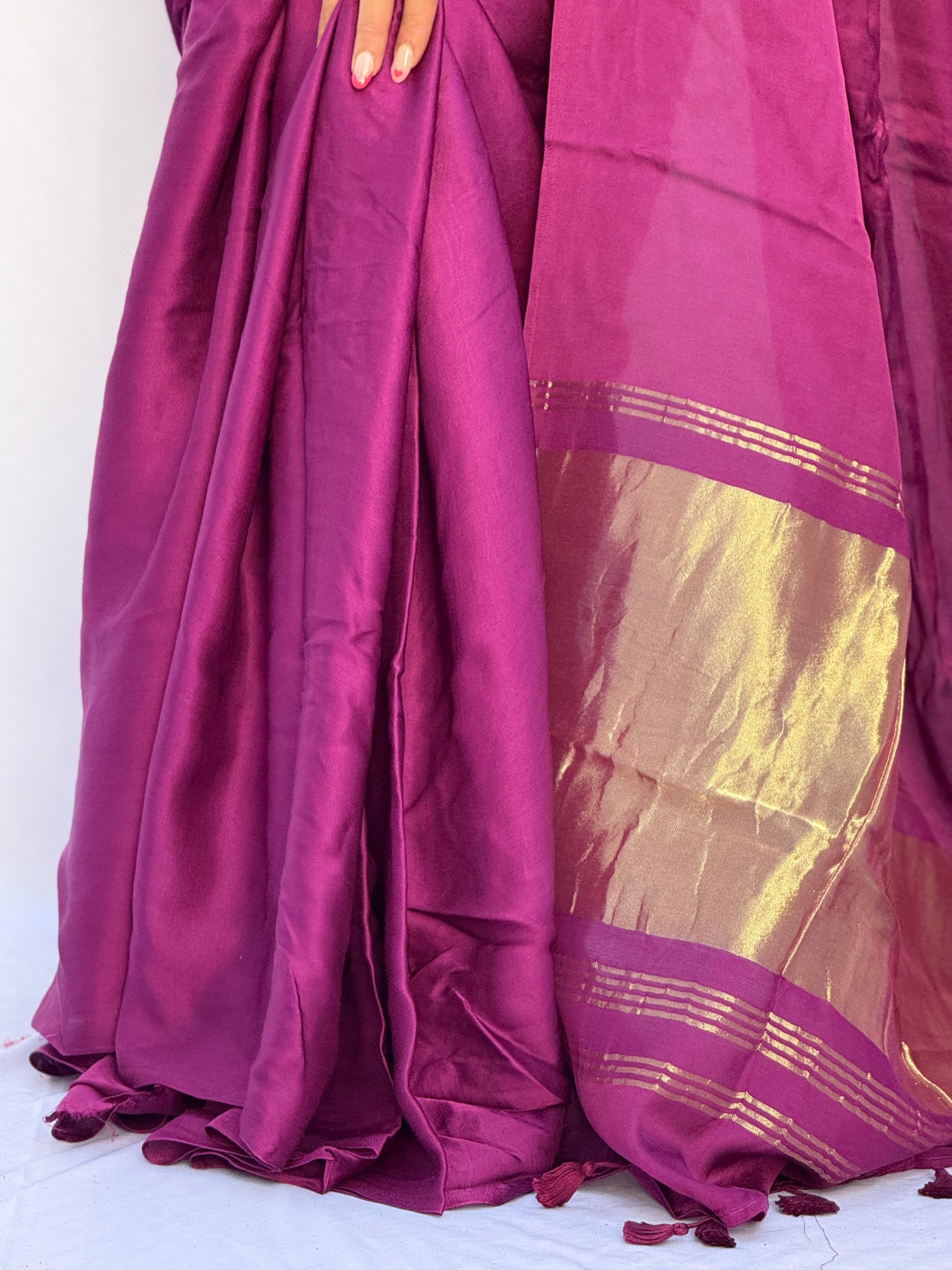 Plain Modal Silk Tissu Pallu Saree - Purple