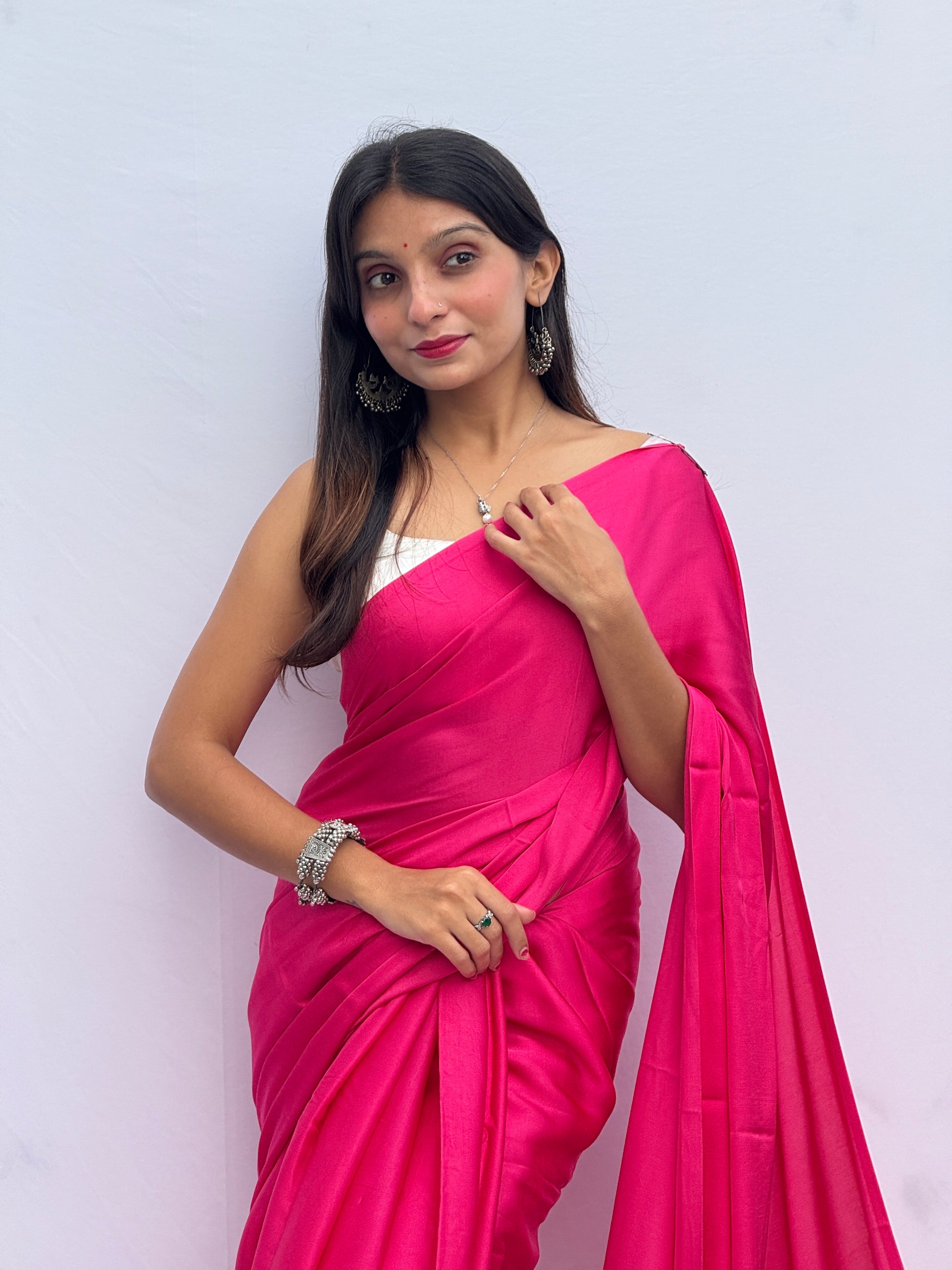 Plain Modal Silk Tissu Pallu Saree - Dark Pink