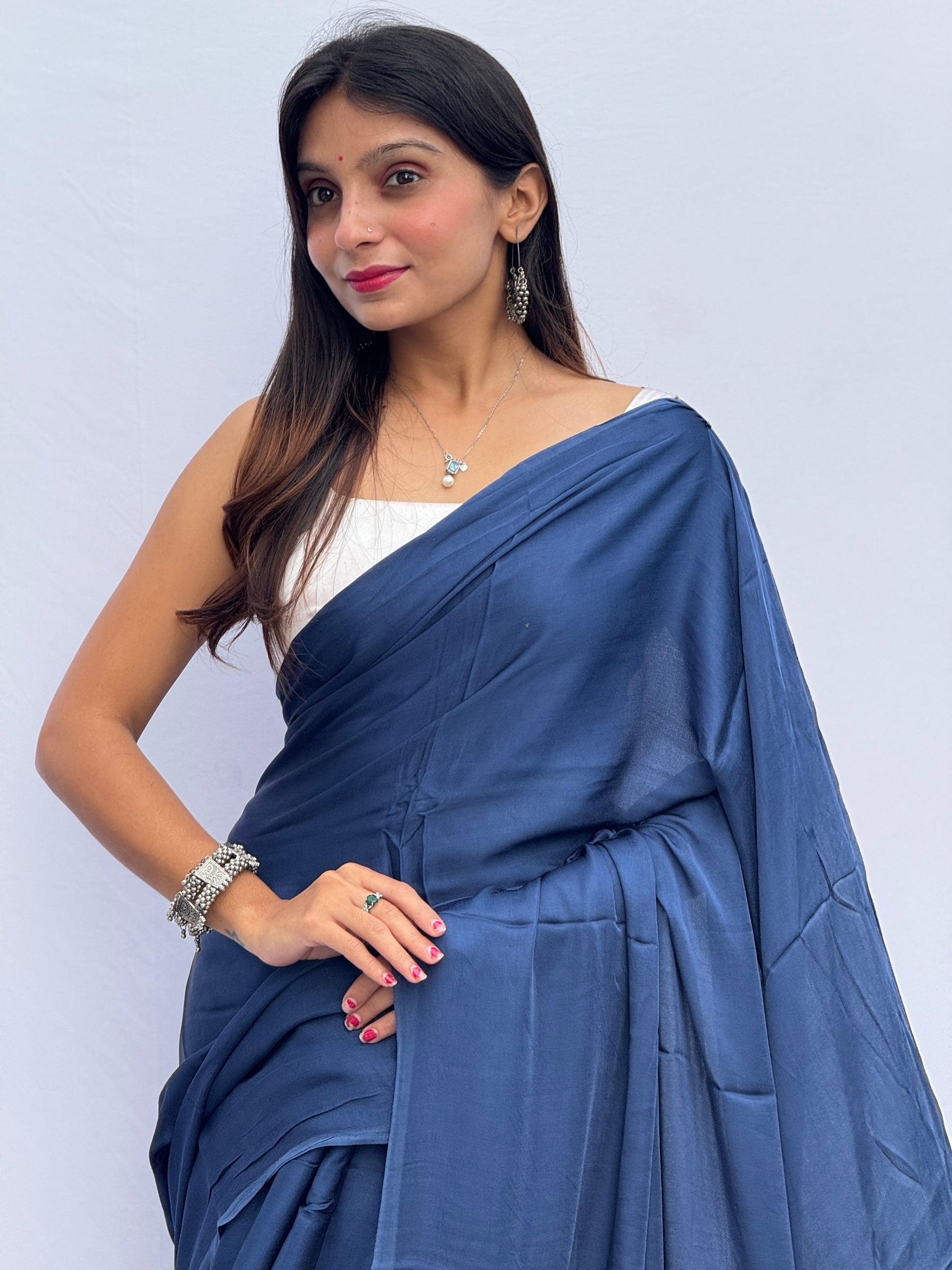 Plain Modal Silk Tissu Pallu Saree - Indigo Blue