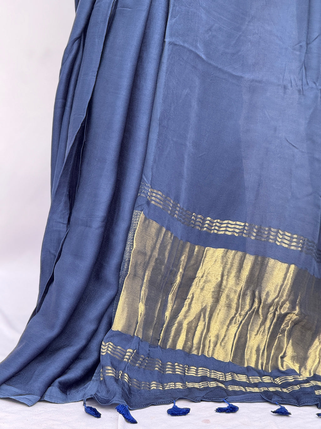 Plain Modal Silk Tissu Pallu Saree - Indigo Blue